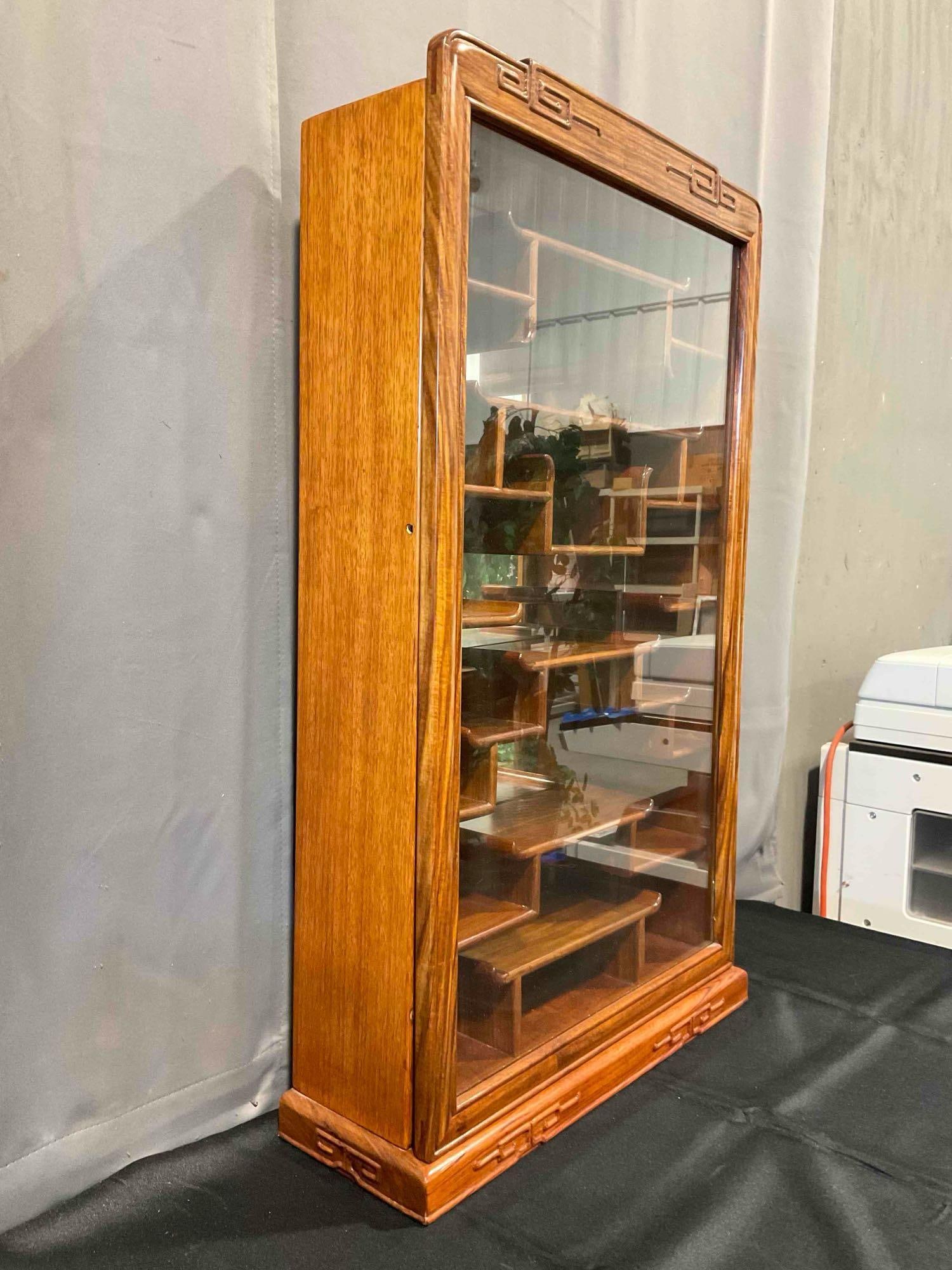 Vintage Asian Style Rosewood Display Cabinet w/ Mirrored Back, Glass Front & Staggered Shelves. - 3