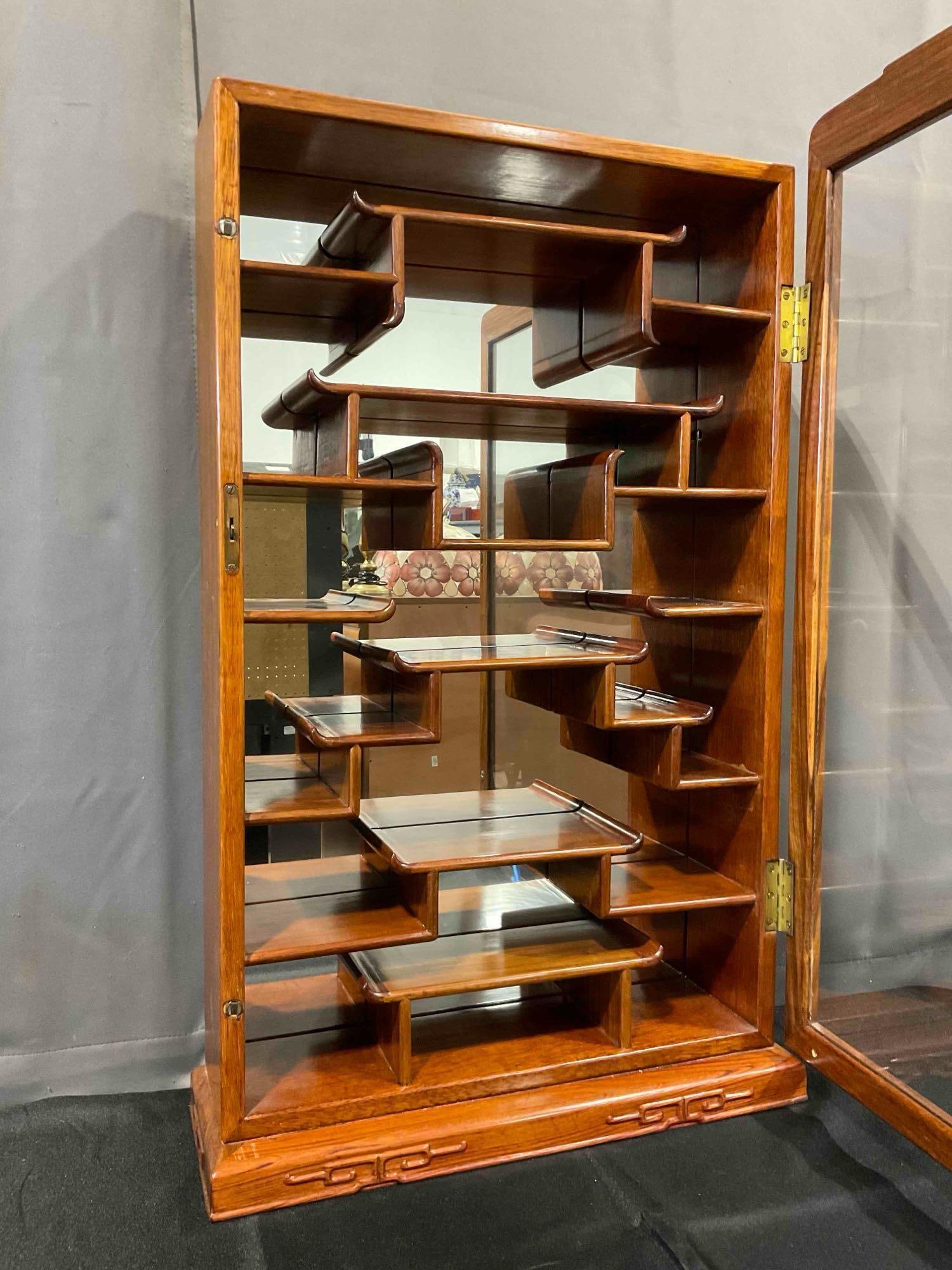 Vintage Asian Style Rosewood Display Cabinet w/ Mirrored Back, Glass Front & Staggered Shelves. - 4