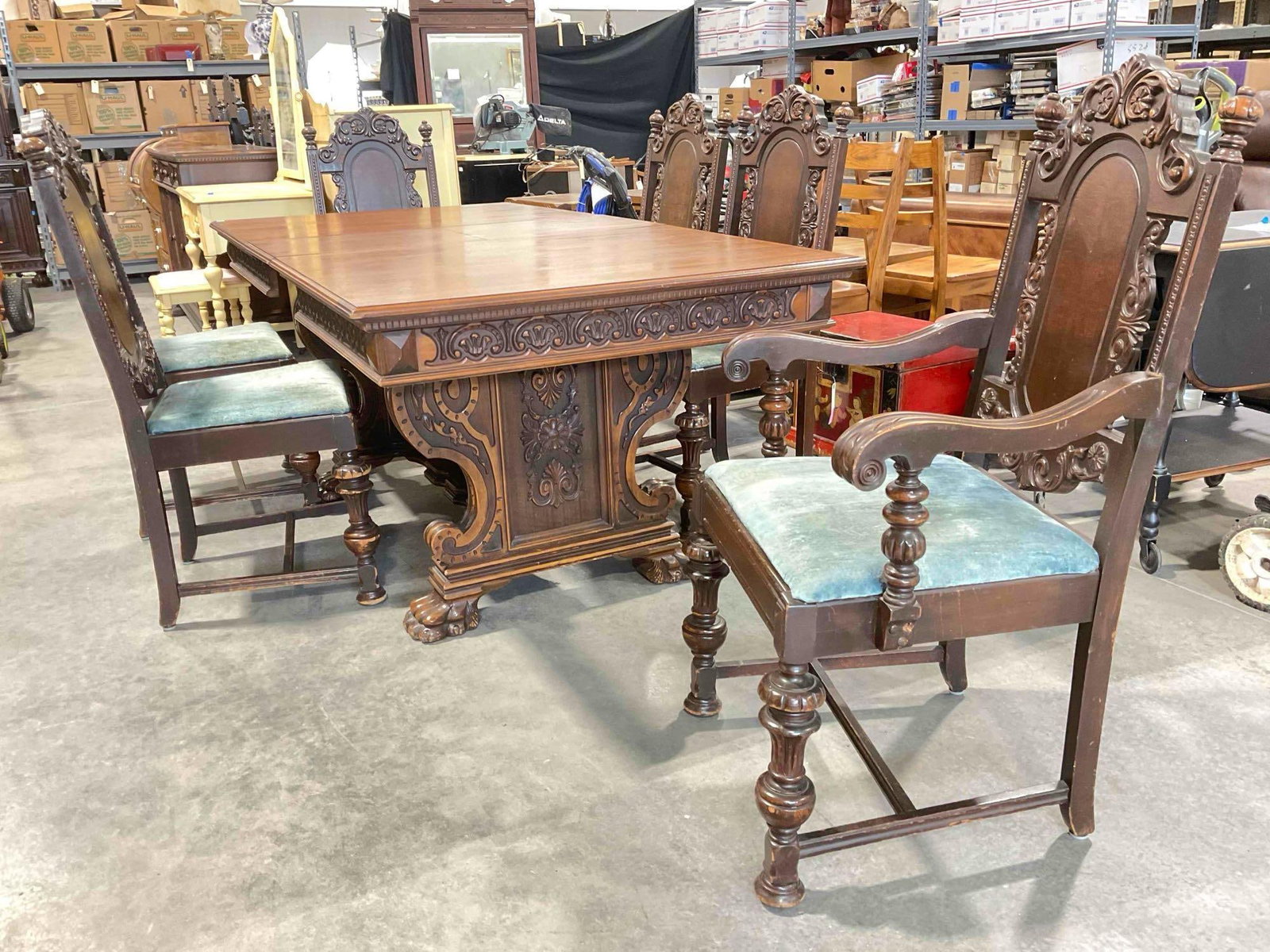 Turn of the Century Renaissance Revival Style Walnut Dining Table w/ Fruit Carving & 6 Chairs. (1 of 12)