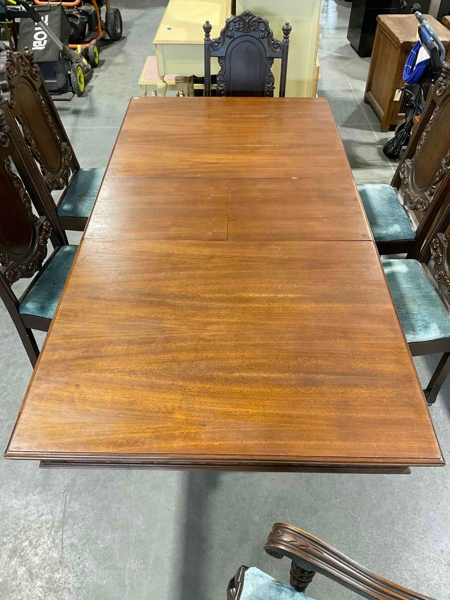 Turn of the Century Renaissance Revival Style Walnut Dining Table w/ Fruit Carving & 6 Chairs. - 2