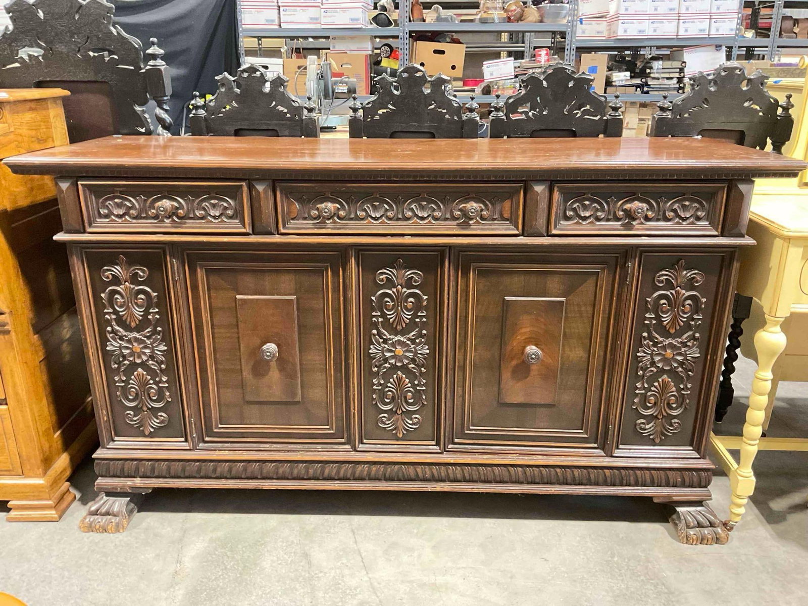 Turn of the Century Renaissance Revival Style Walnut Sideboard w/ Fruit Carvings & Claw Feet. (1 of 10)