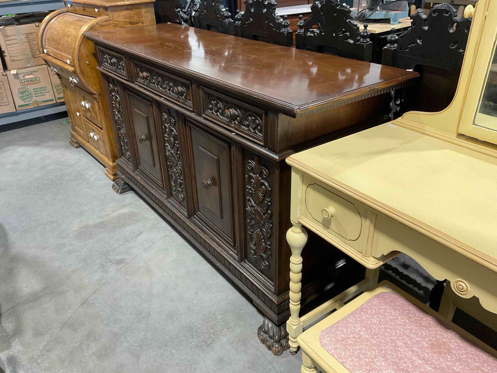 Turn of the Century Renaissance Revival Style Walnut Sideboard w/ Fruit Carvings & Claw Feet. - 2