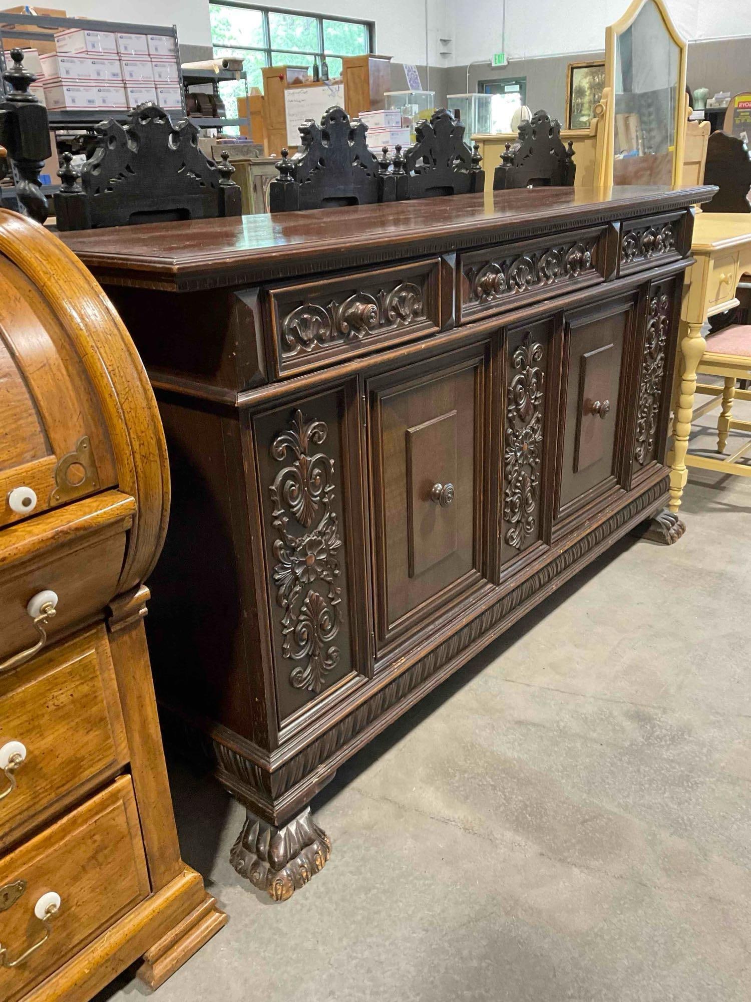 Turn of the Century Renaissance Revival Style Walnut Sideboard w/ Fruit Carvings & Claw Feet. - 3