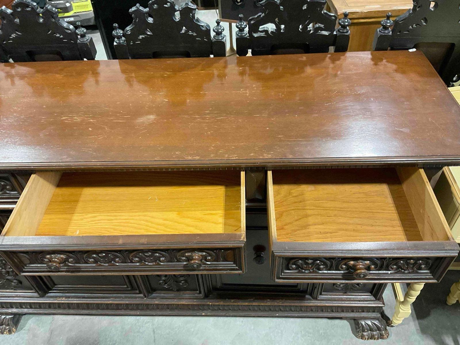 Turn of the Century Renaissance Revival Style Walnut Sideboard w/ Fruit Carvings & Claw Feet. - 5