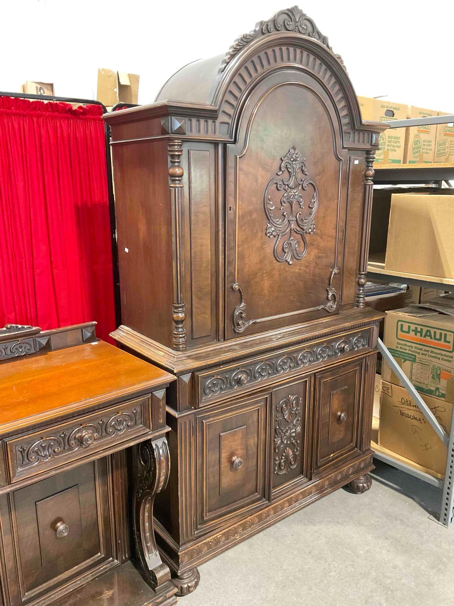 Turn of the Century Renaissance Revival Style Walnut Cabinet w/ Fruit Carvings & Flame Veneer. - 2