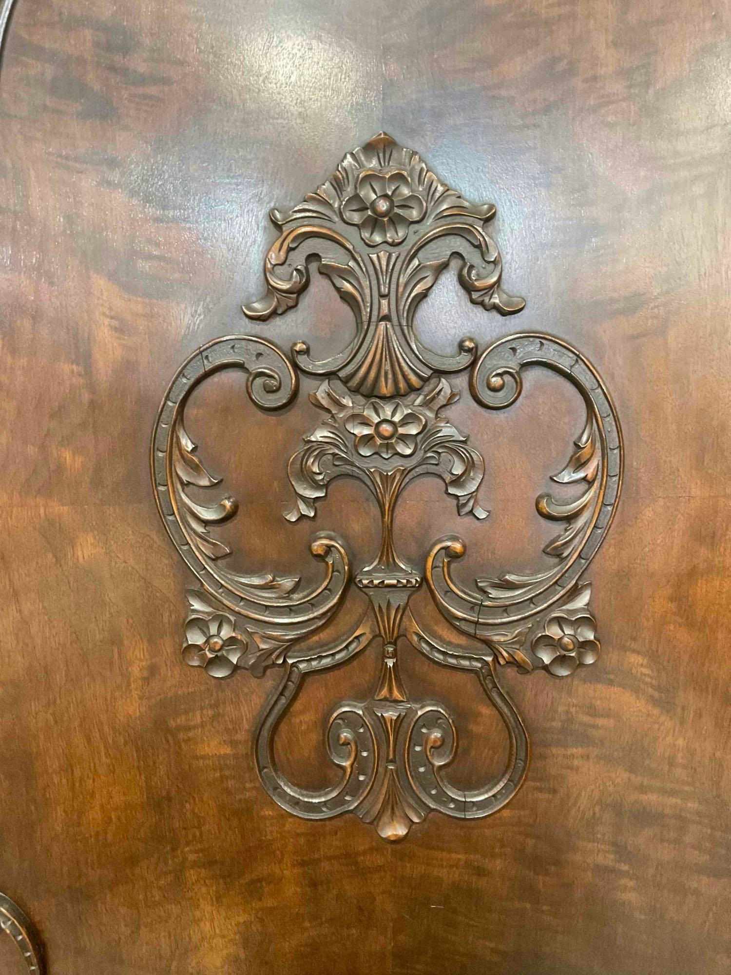 Turn of the Century Renaissance Revival Style Walnut Cabinet w/ Fruit Carvings & Flame Veneer. - 3
