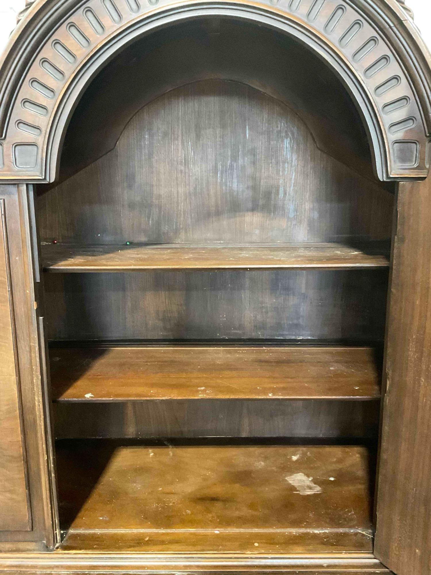 Turn of the Century Renaissance Revival Style Walnut Cabinet w/ Fruit Carvings & Flame Veneer. - 4