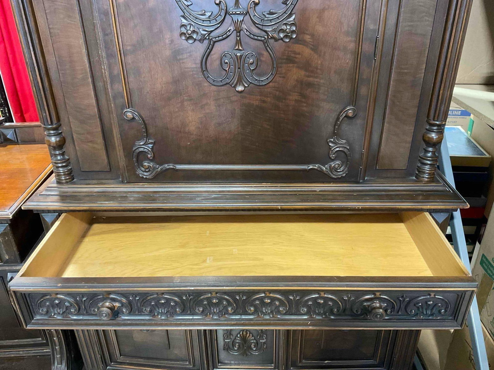 Turn of the Century Renaissance Revival Style Walnut Cabinet w/ Fruit Carvings & Flame Veneer. - 5