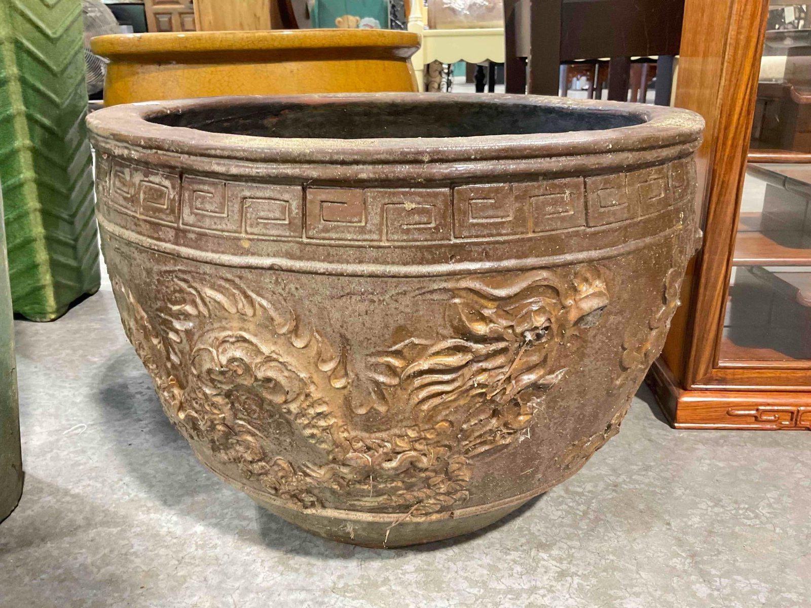 Chocolate Brown Glazed Ceramic Planter Pot w/ Dragon Design. See pics. (1 of 5)
