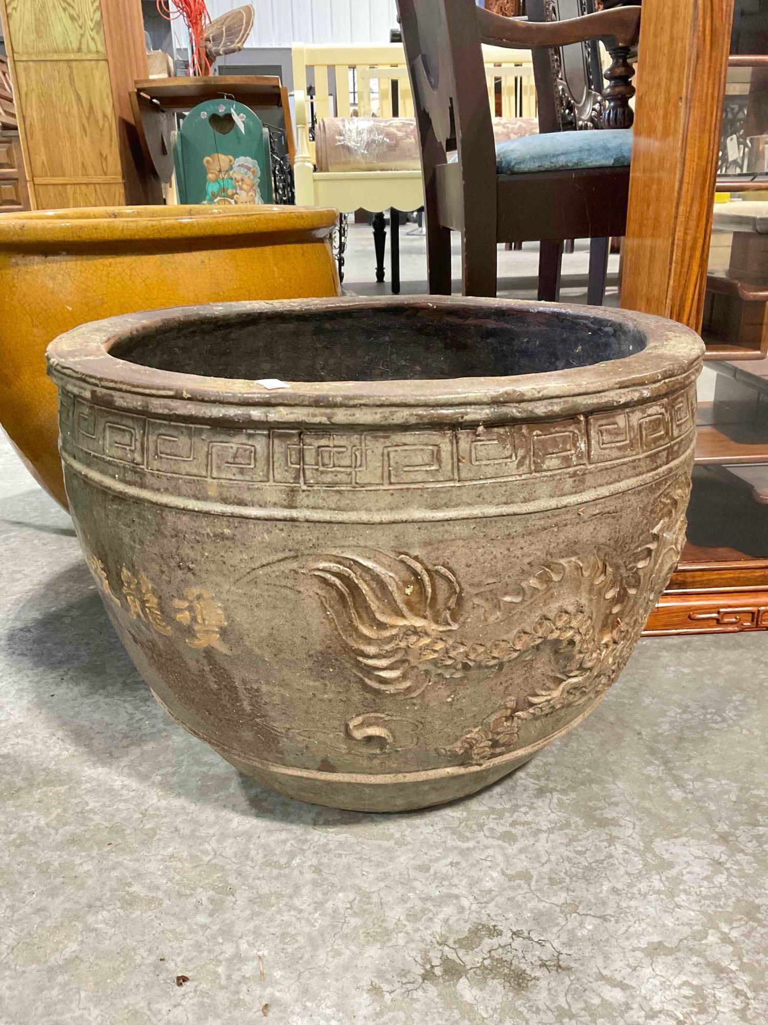 Chocolate Brown Glazed Ceramic Planter Pot w/ Dragon Design. See pics. - 2