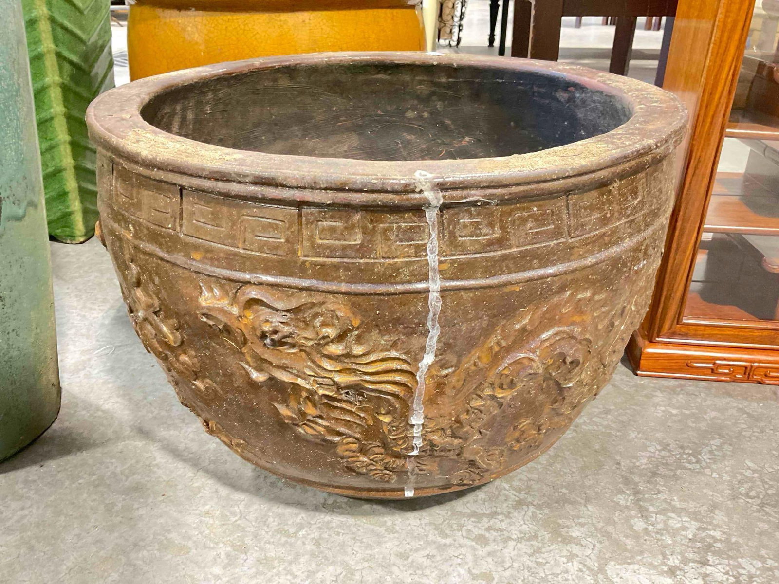 Chocolate Brown Glazed Ceramic Planter Pot w/ Dragon Design. See pics. - 3