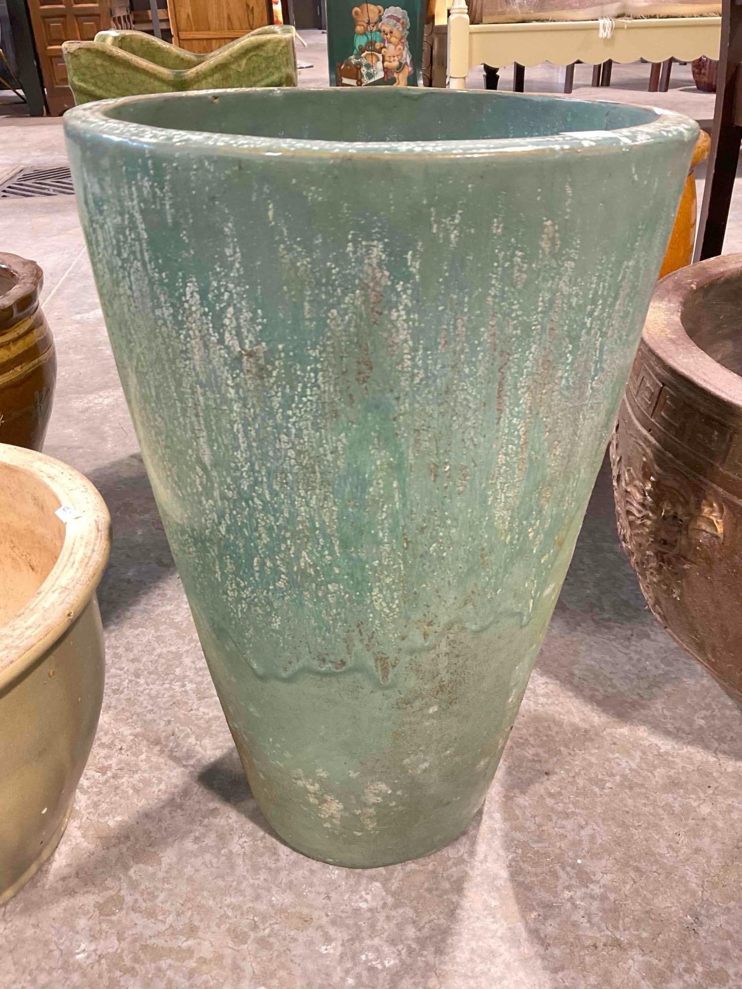 Teal Glazed Ceramic Planter Pot. Measures 13" x 13" x 20" Good Condition. - 5