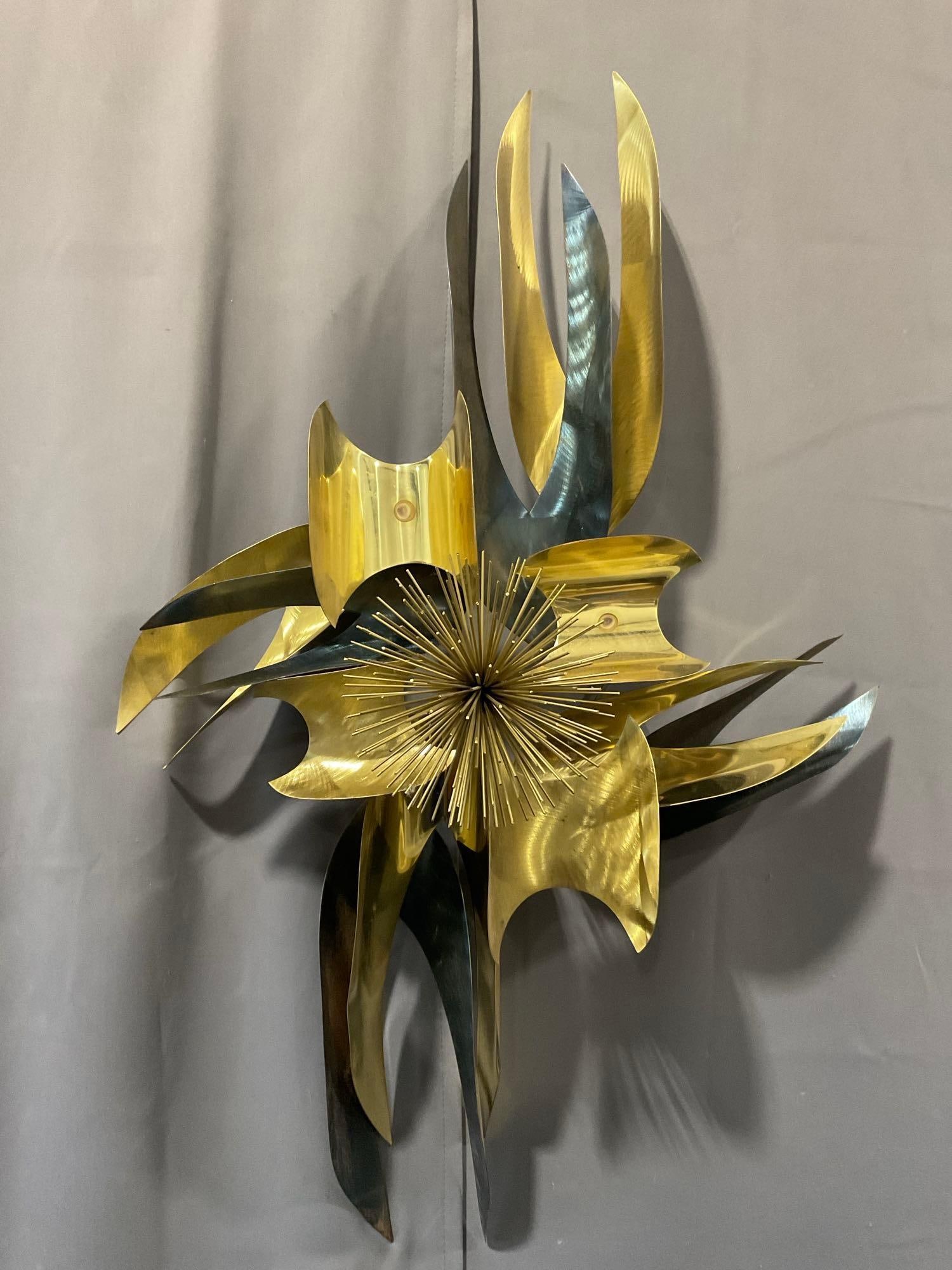 Abstract Brutalist Mid Century Metal Wall Art, Brass & Cut Metal, approx 36h x 24w x 11d inches: Appears to be in good shape. The piece measures approx 36h x 24w x 11d inches. See pics. E-6080 *Freight Required if shipped, Buyer Arranged/Responsibility*