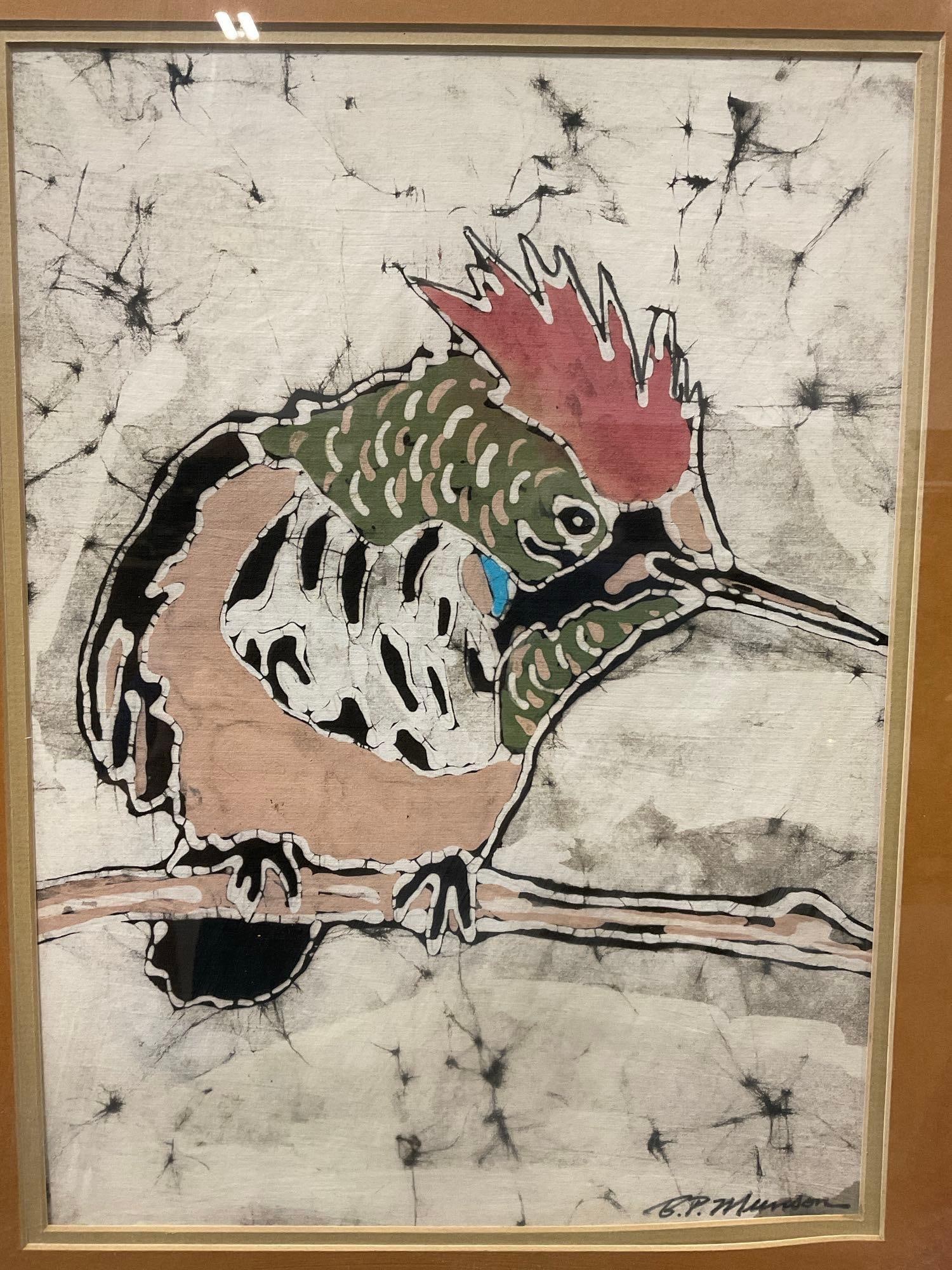 Framed Original Art, Paint on Silk/cloth, Hoopoe Bird, red fringe, Signed B. P. Munson ? see pics - 2