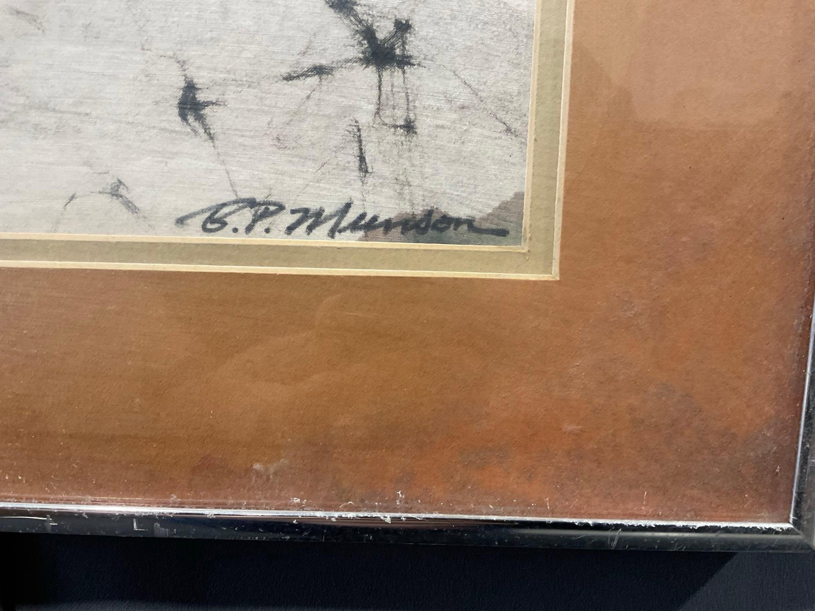 Framed Original Art, Paint on Silk/cloth, Hoopoe Bird, red fringe, Signed B. P. Munson ? see pics - 3