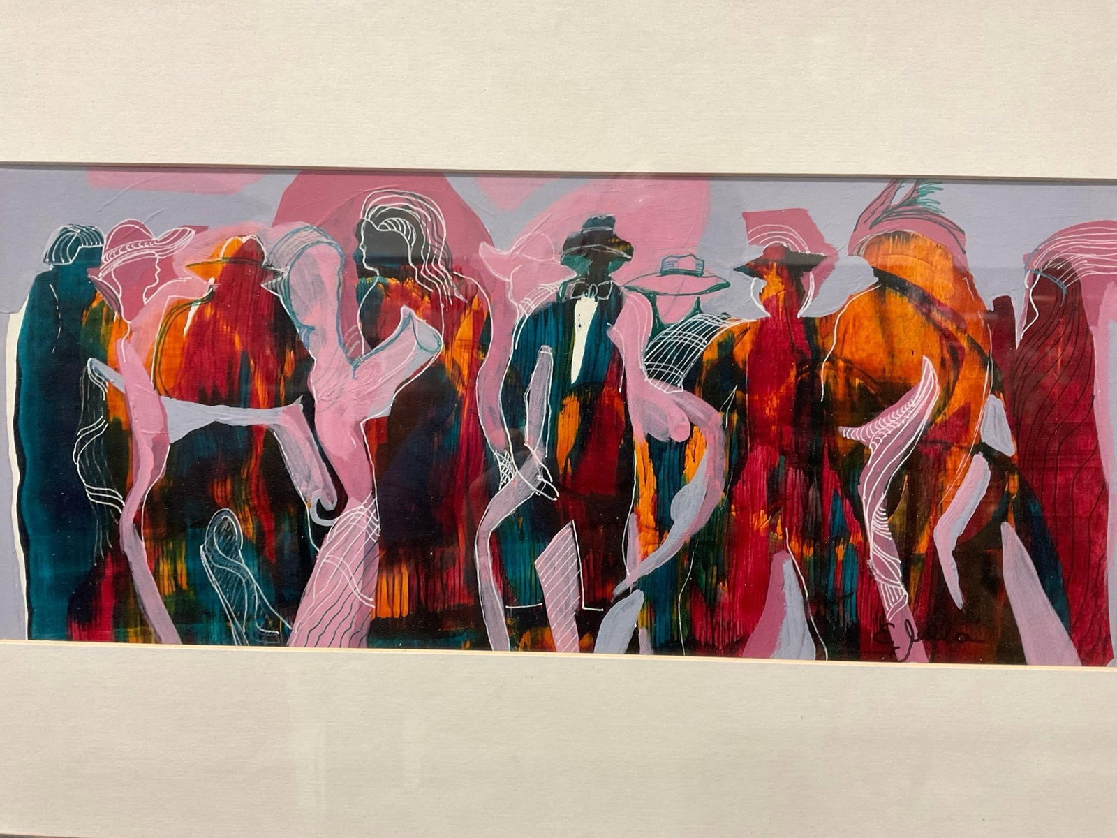 Framed Watercolor, signed artist E Jella?, Colorful Figures dancing, 15x22 inches - 2