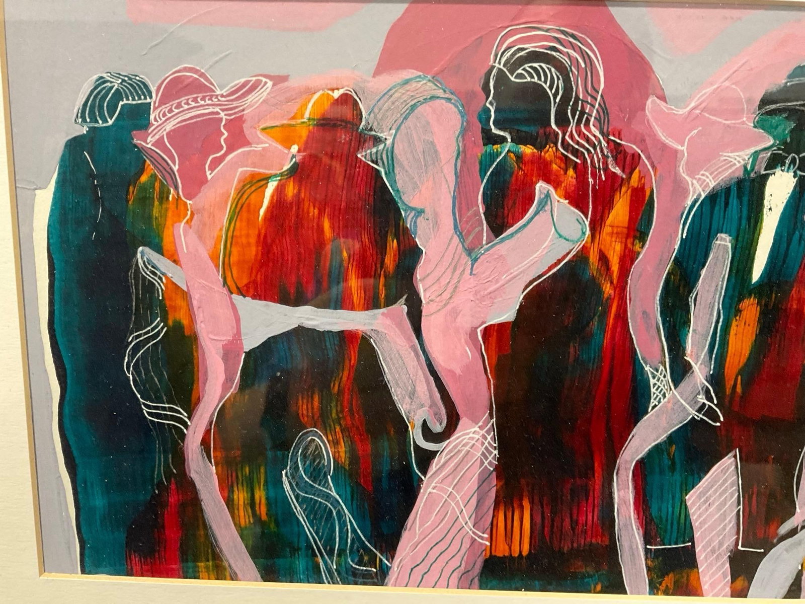 Framed Watercolor, signed artist E Jella?, Colorful Figures dancing, 15x22 inches - 3
