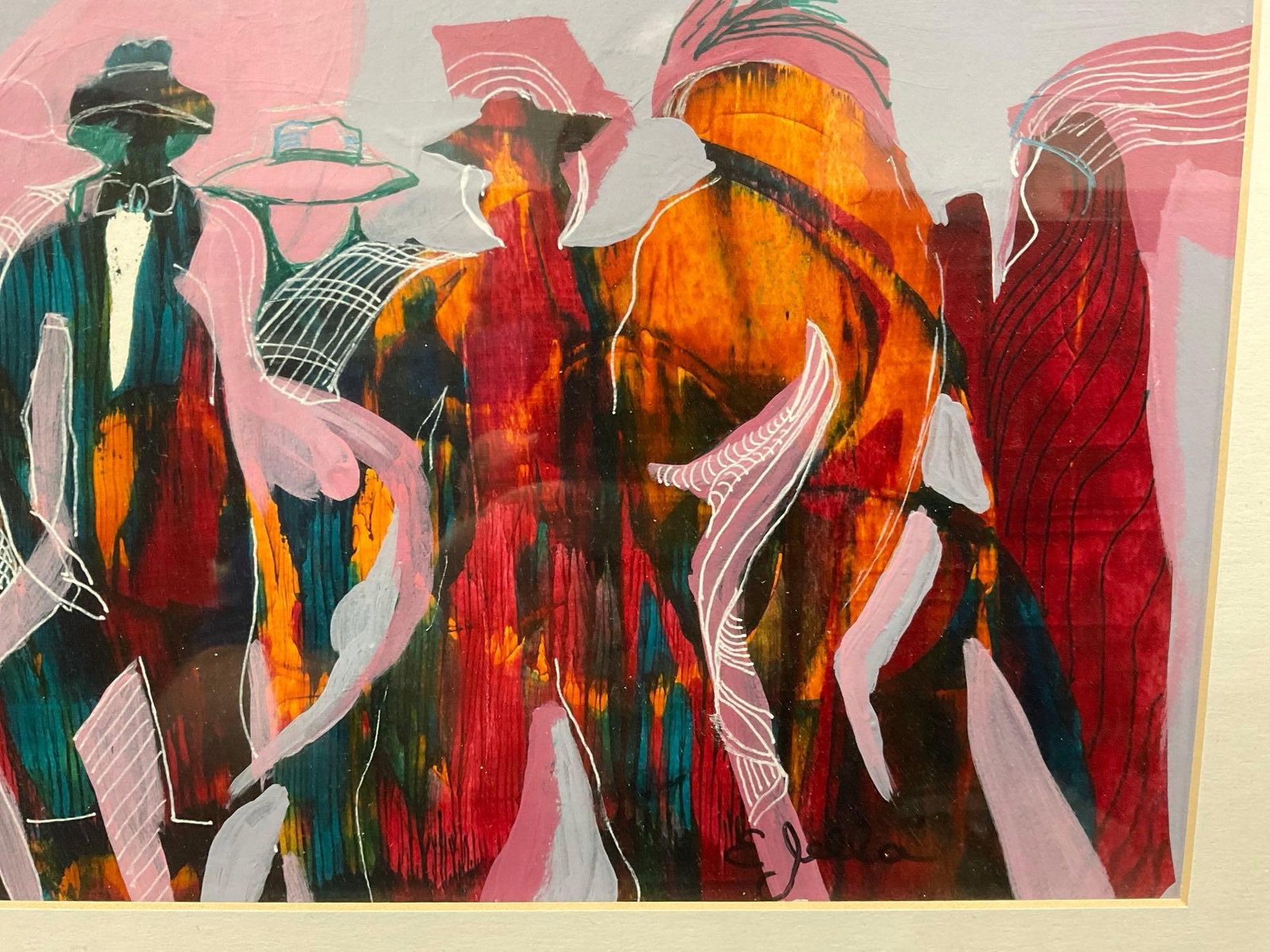 Framed Watercolor, signed artist E Jella?, Colorful Figures dancing, 15x22 inches - 4