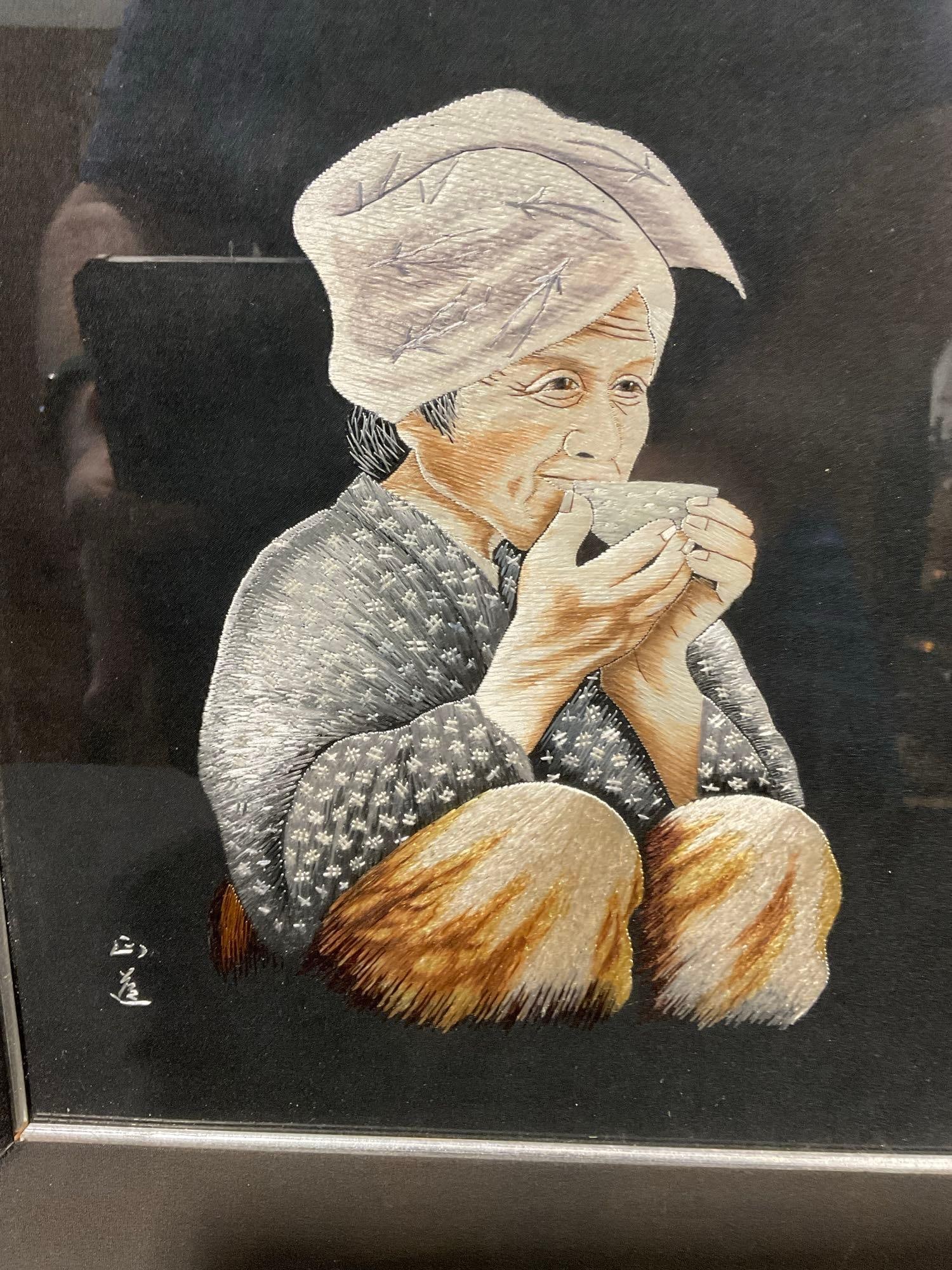 2 Framed Seido Sakamaki Embroidered Japanese Pieces, Woman Sipping Tea & Man smoking a pipe - 3