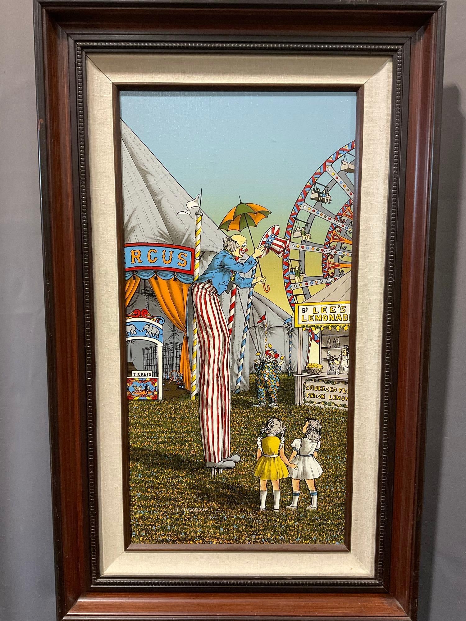 Framed Repro Serigraph on Canvas, The Circus Clown by H. Hargrove, 33x20 inches: Appears to be in good shape. The piece measures approx 33h x 20w x 5d inches. See pics. E-6080