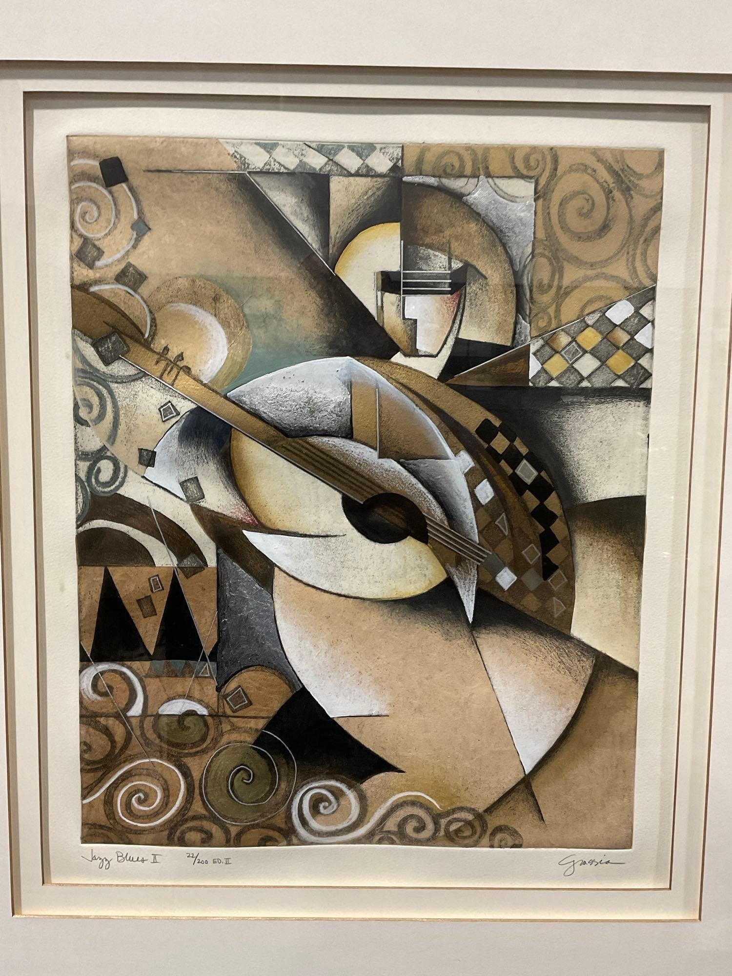Framed Lithograph titled Jazz Blues II 22/200 Ed. II by J.A.Grassia, Art Deco Abstract piece: Appears to be in good shape. The piece measures approx 35h x 30w x 4d inches. See pics. E-6080