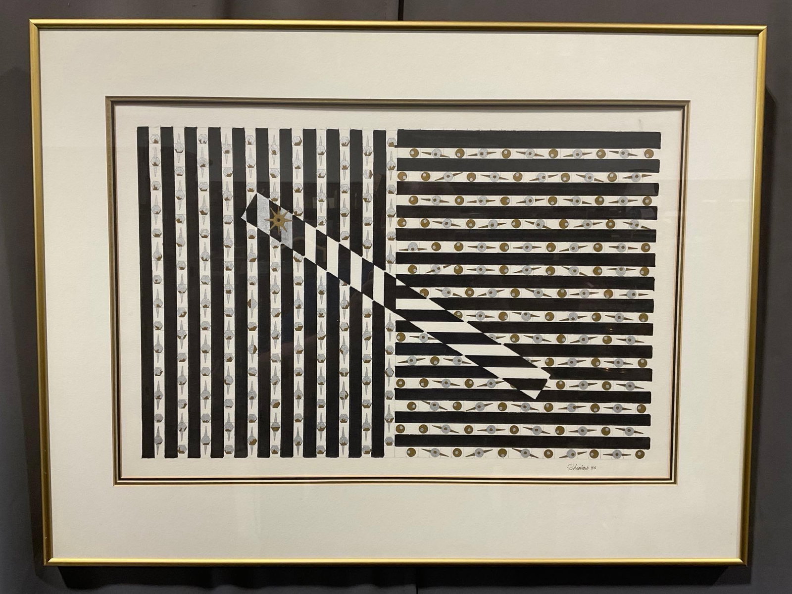 Framed Original Abstract piece, Black & White Stripes, signed by artist Phidicis? 1986, 24x32 inc... (1 of 6)