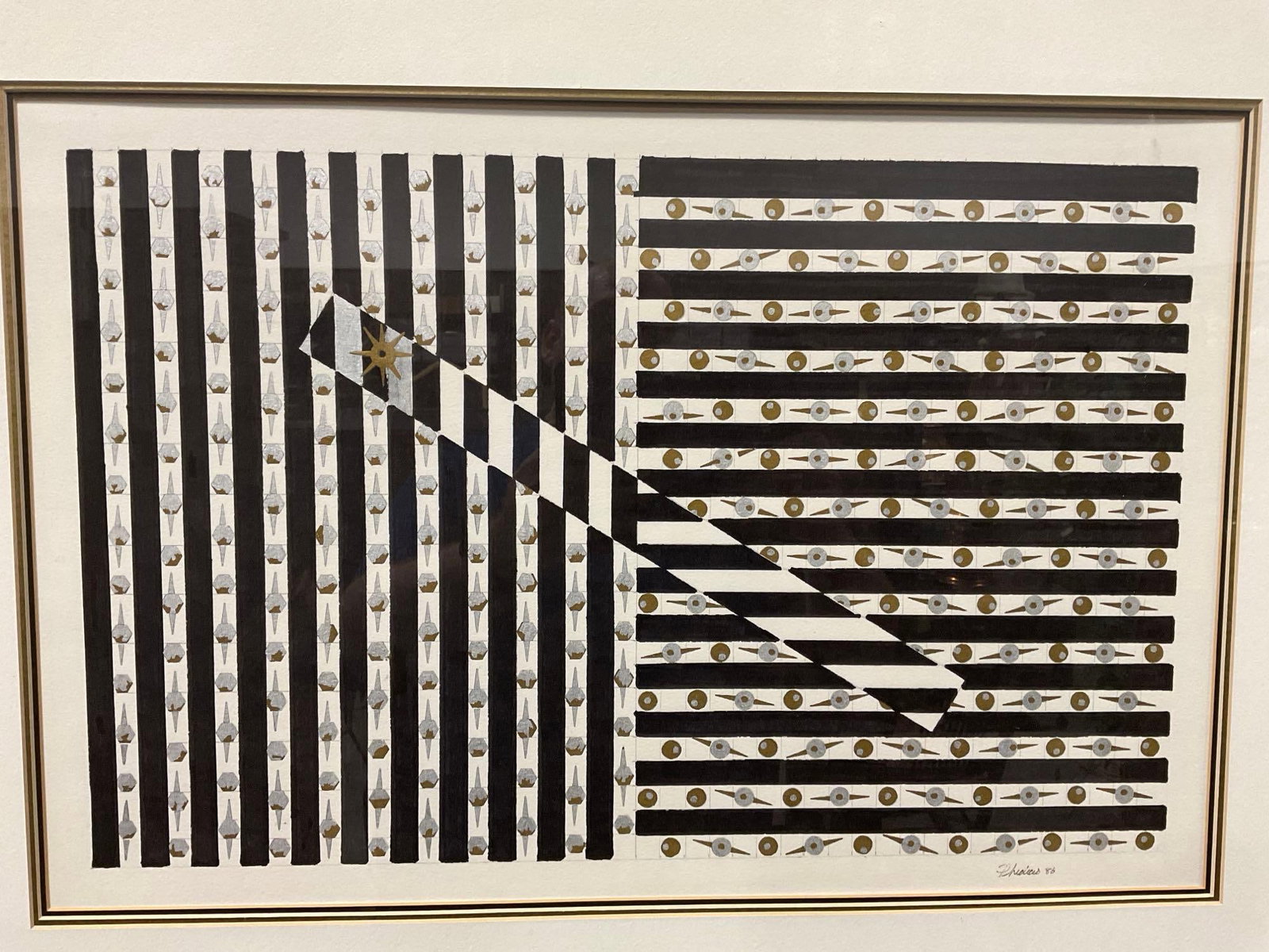 Framed Original Abstract piece, Black & White Stripes, signed by artist Phidicis? 1986, 24x32 inc... - 2
