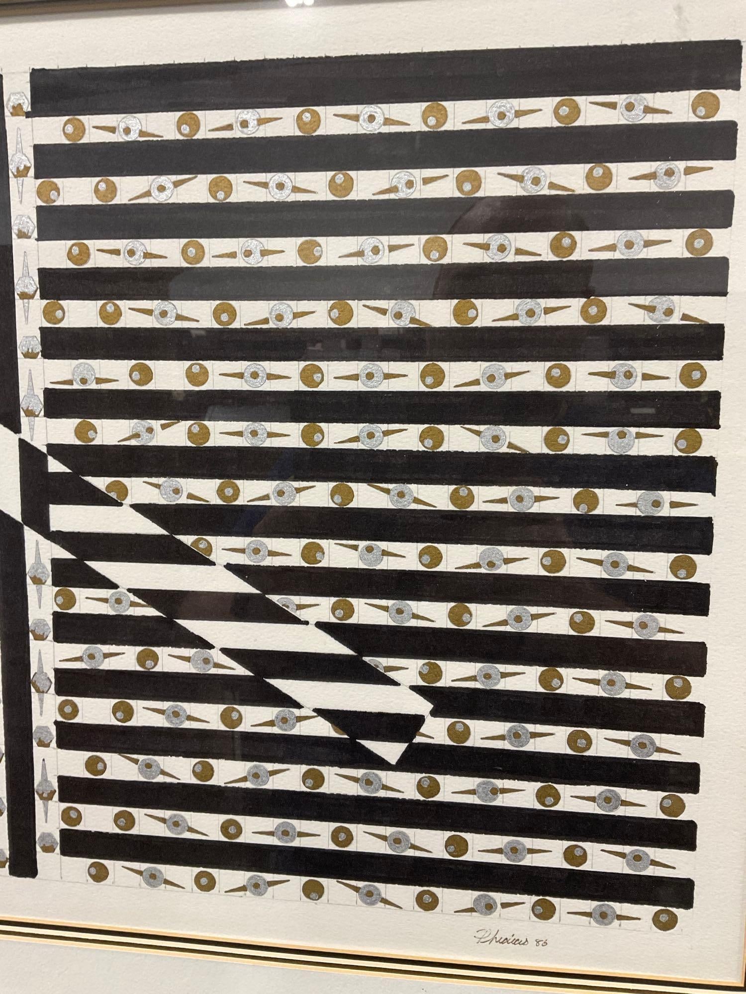 Framed Original Abstract piece, Black & White Stripes, signed by artist Phidicis? 1986, 24x32 inc... - 4