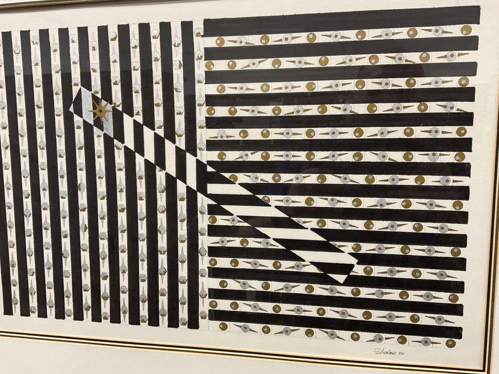 Framed Original Abstract piece, Black & White Stripes, signed by artist Phidicis? 1986, 24x32 inc... - 6