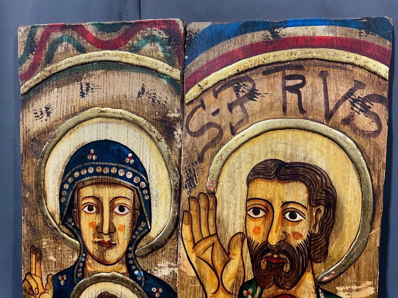Pair of Wooden Religious Icons, Handpainted in bold colors, 1 Joseph & 1 Mary & Baby Jesus, 36x9x2 - 2