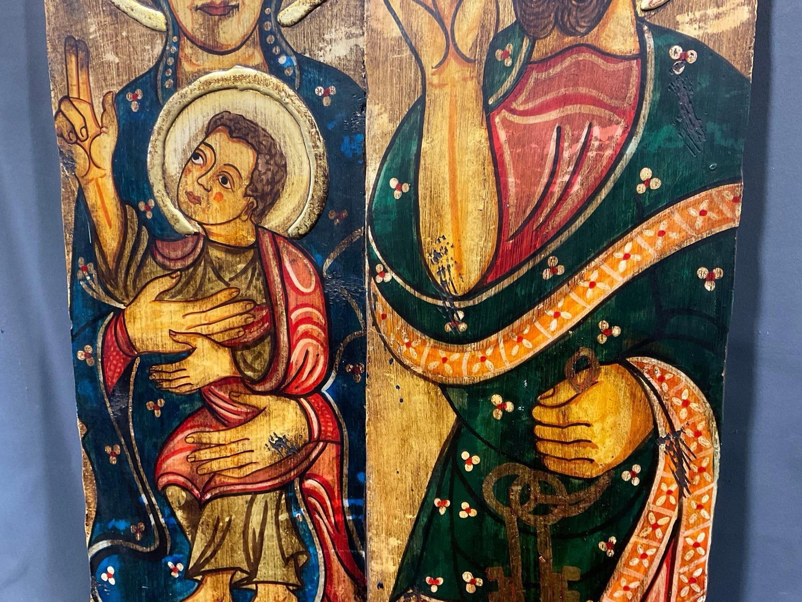 Pair of Wooden Religious Icons, Handpainted in bold colors, 1 Joseph & 1 Mary & Baby Jesus, 36x9x2 - 3