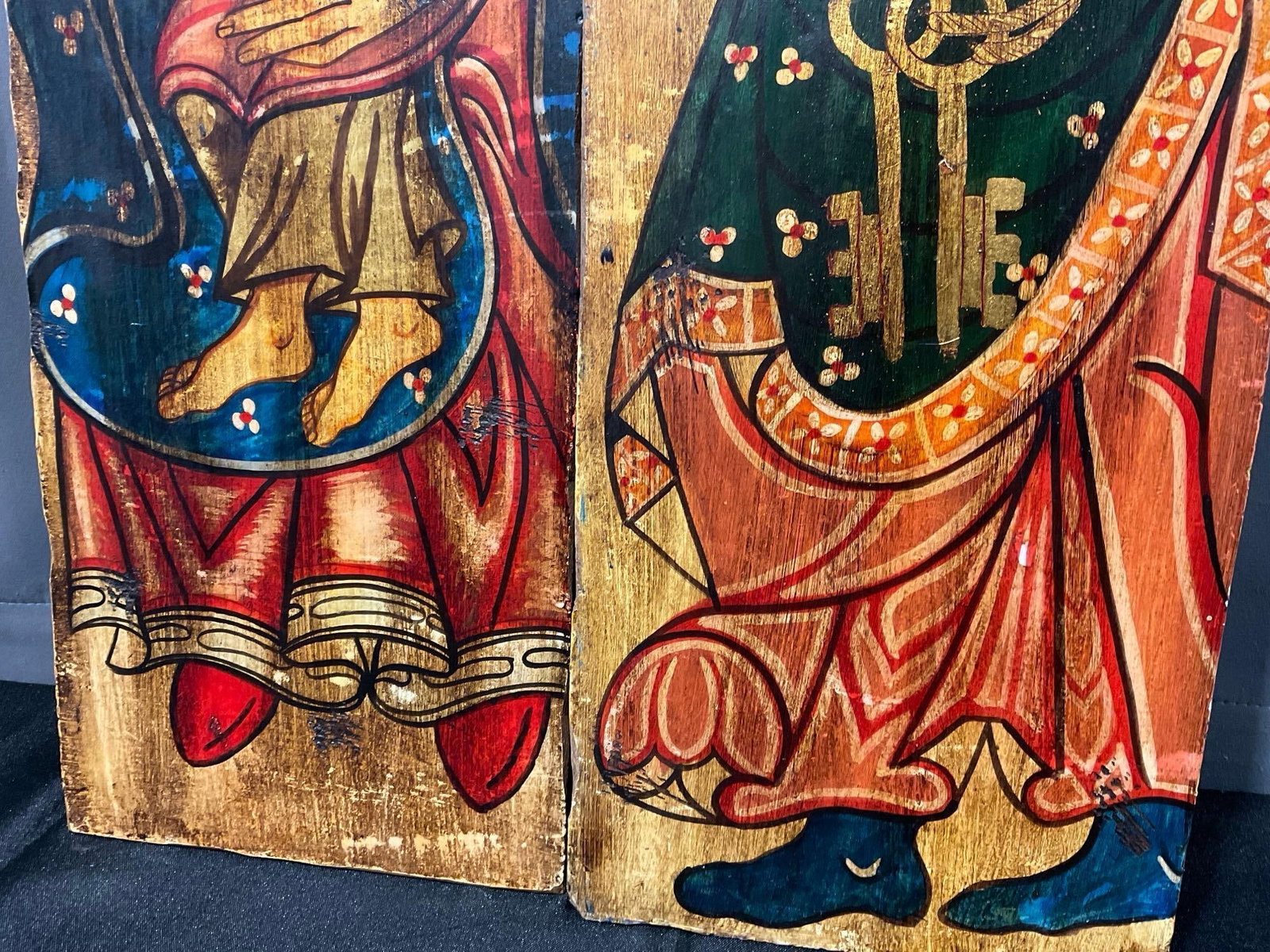 Pair of Wooden Religious Icons, Handpainted in bold colors, 1 Joseph & 1 Mary & Baby Jesus, 36x9x2 - 4