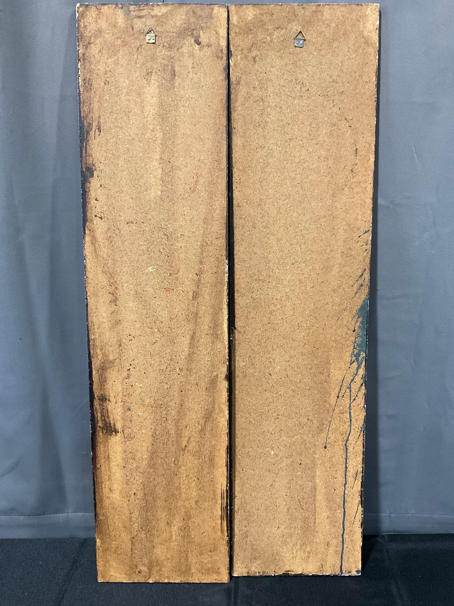 Pair of Wooden Religious Icons, Handpainted in bold colors, 1 Joseph & 1 Mary & Baby Jesus, 36x9x2 - 5