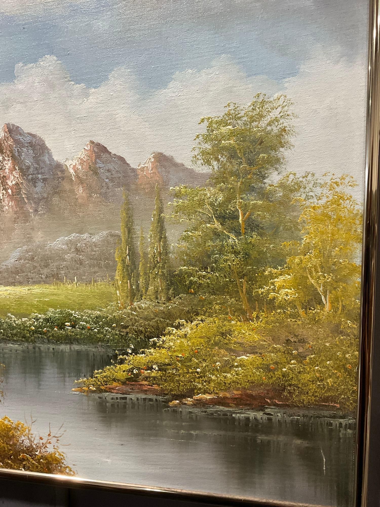 Framed Oil on Canvas, Calm River, w/Mountains in background, signed Delino, 22h x 25w x 3d inches - 3