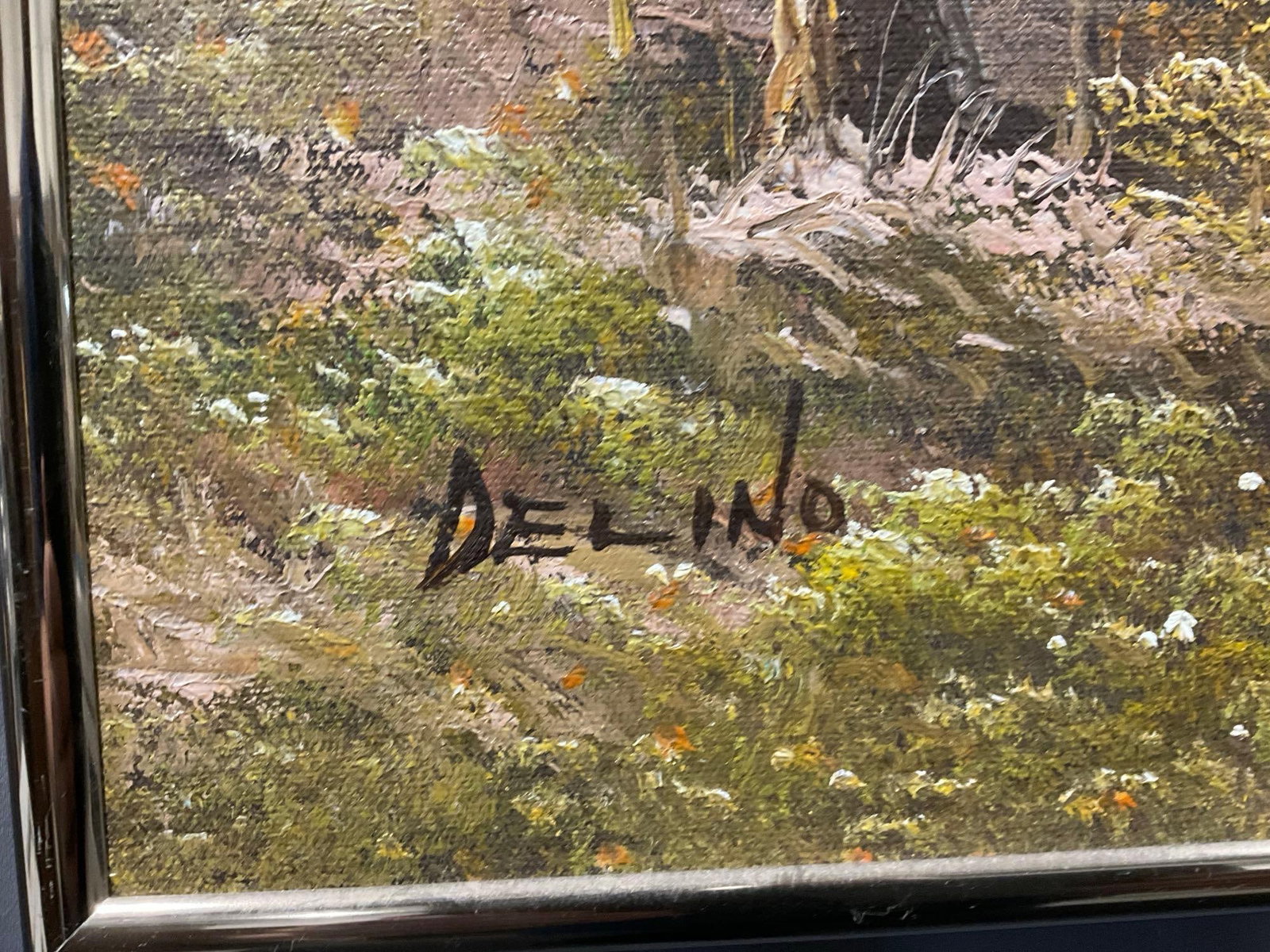 Framed Oil on Canvas, Calm River, w/Mountains in background, signed Delino, 22h x 25w x 3d inches - 4