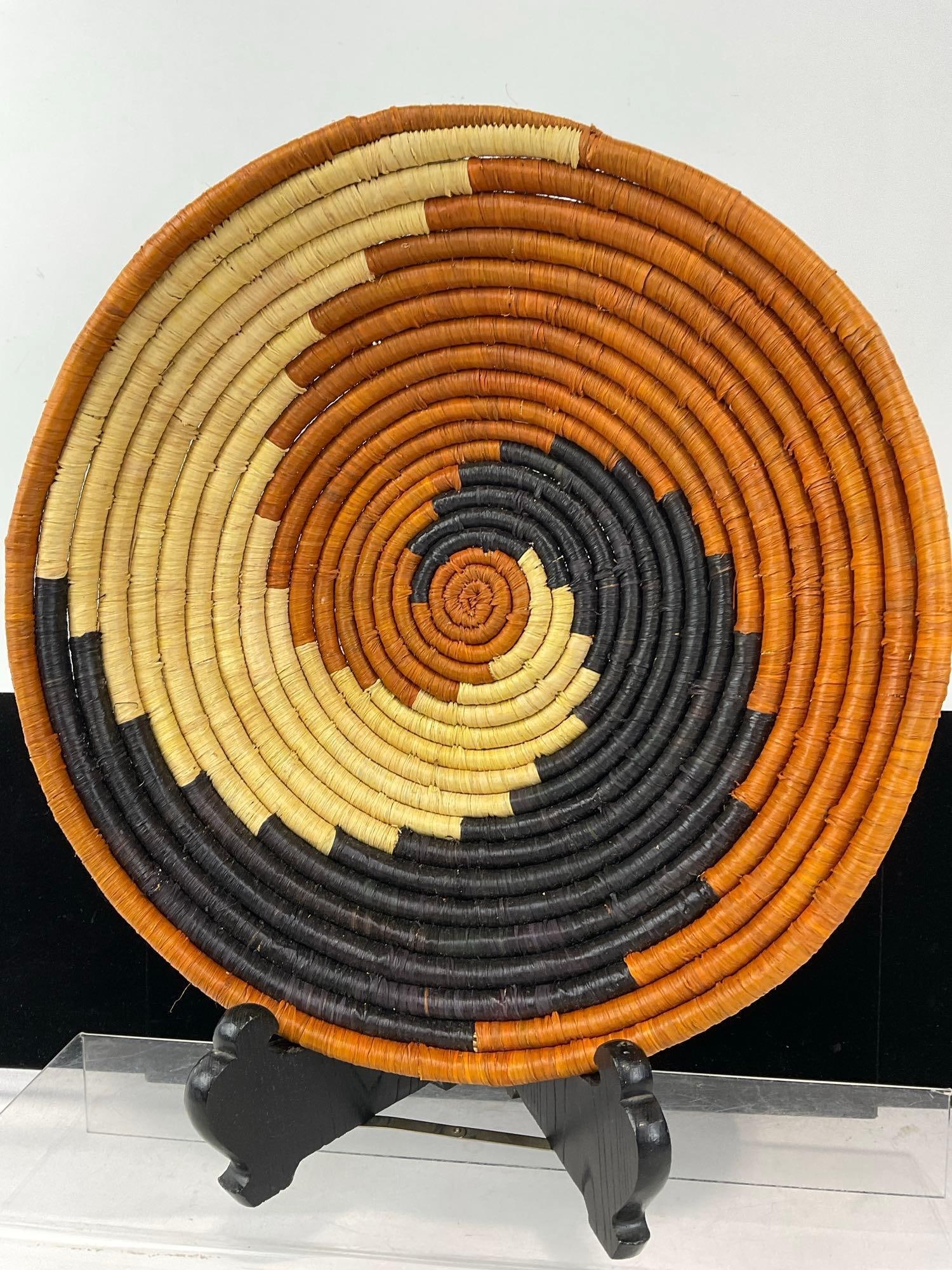 Decorative African Tribal Handwoven Basket, Orange, Dark Blue & Tan in color, Spiral Design, 4x13... - 2