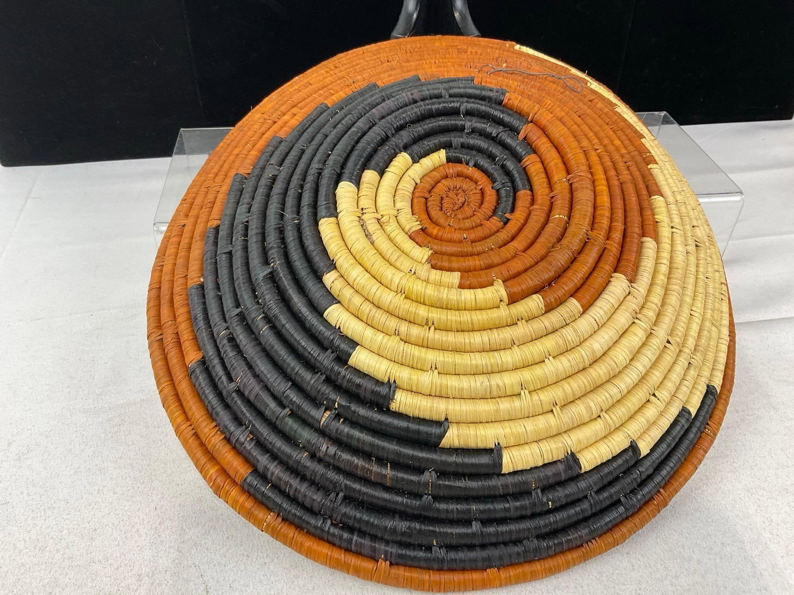 Decorative African Tribal Handwoven Basket, Orange, Dark Blue & Tan in color, Spiral Design, 4x13... - 3