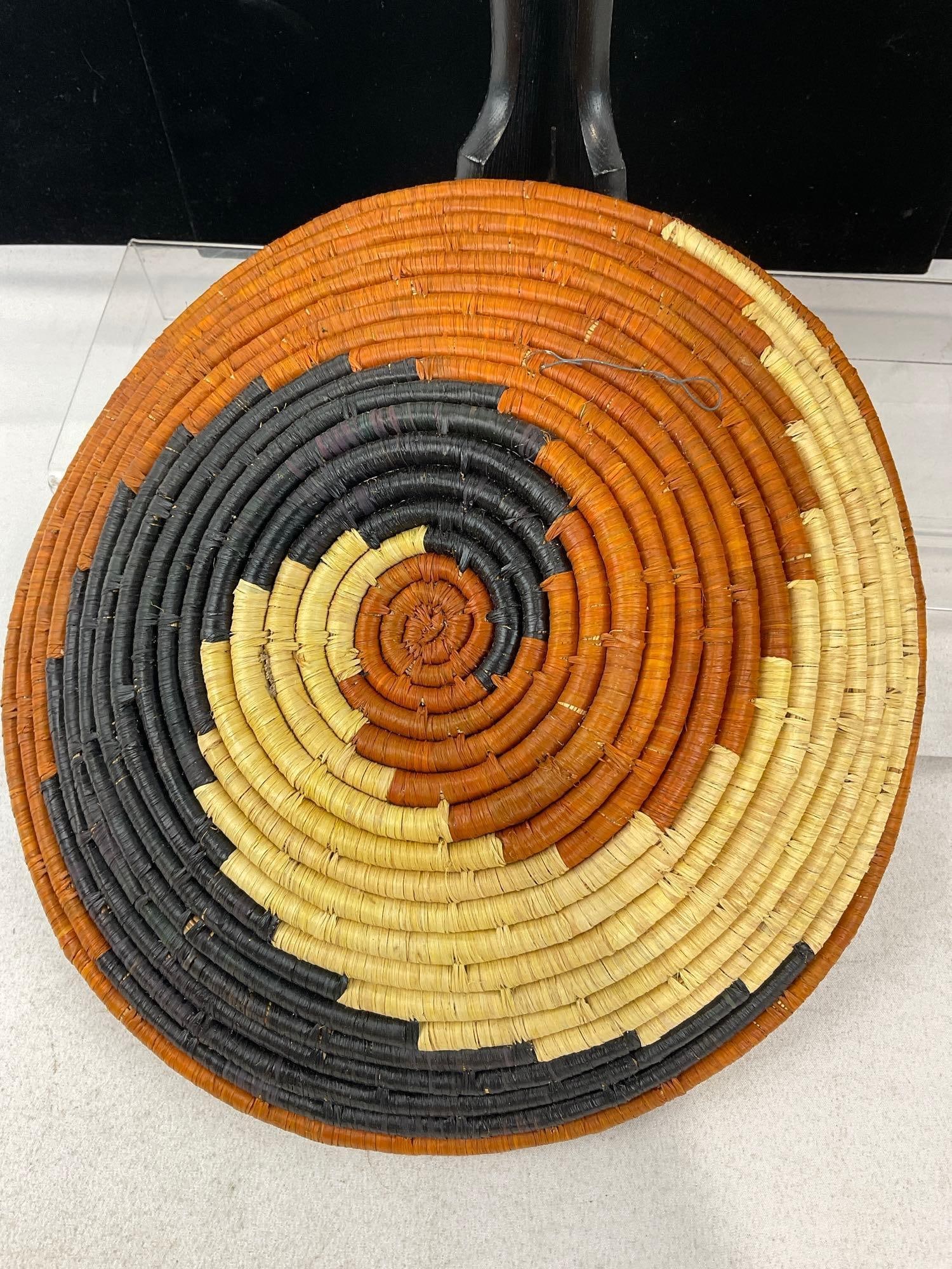 Decorative African Tribal Handwoven Basket, Orange, Dark Blue & Tan in color, Spiral Design, 4x13... - 4