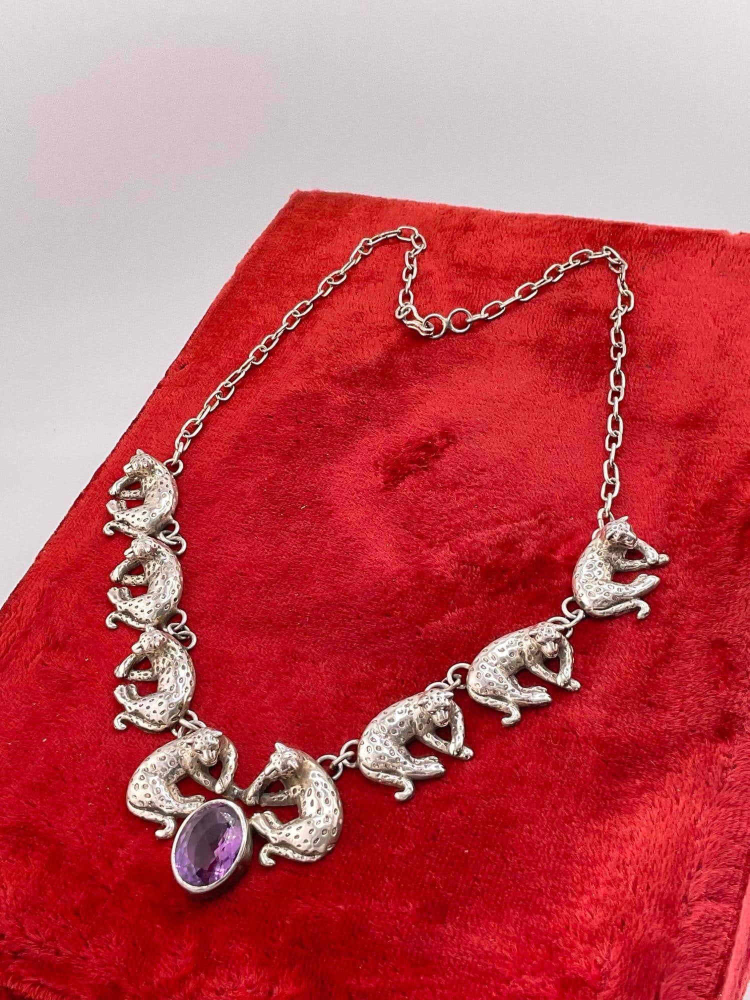 Vintage Carol Felley Sterling Silver Necklace w/ Leopards Design & Amethyst Toned Setting. - 2