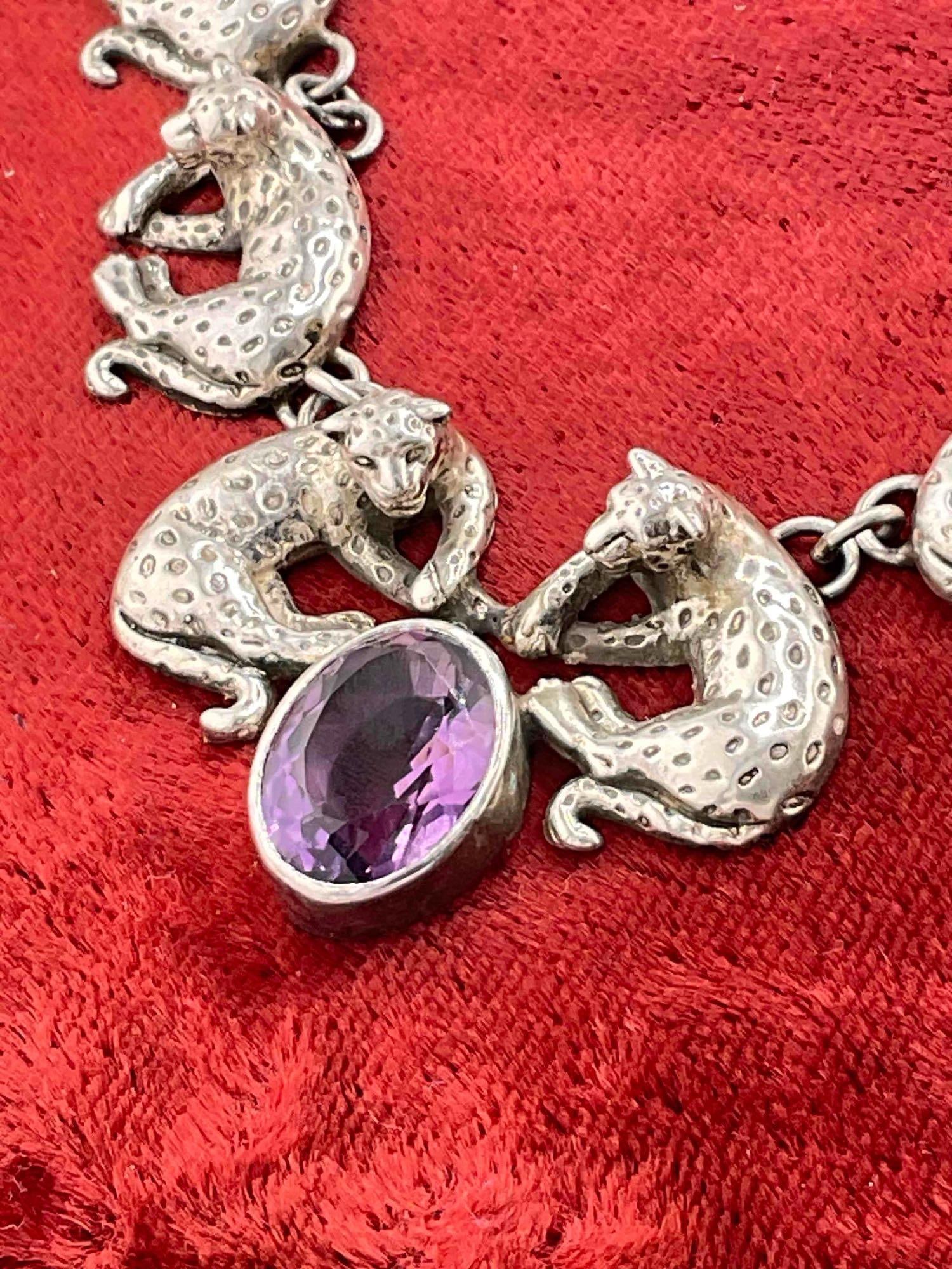 Vintage Carol Felley Sterling Silver Necklace w/ Leopards Design & Amethyst Toned Setting. - 3