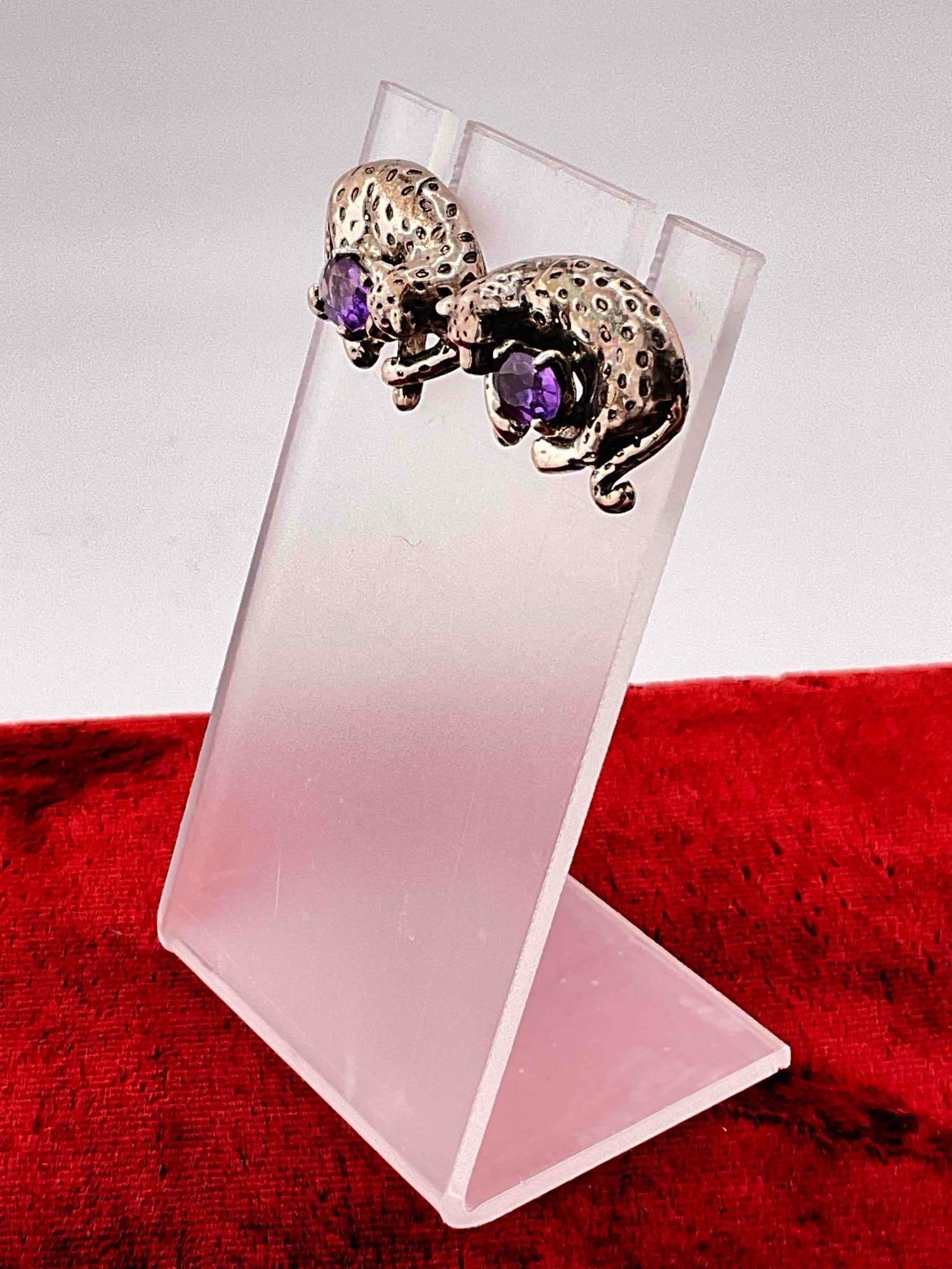Vintage Carol Felley Sterling Silver Post Earrings w/ Leopard Design & Amethyst Toned Settings. - 2