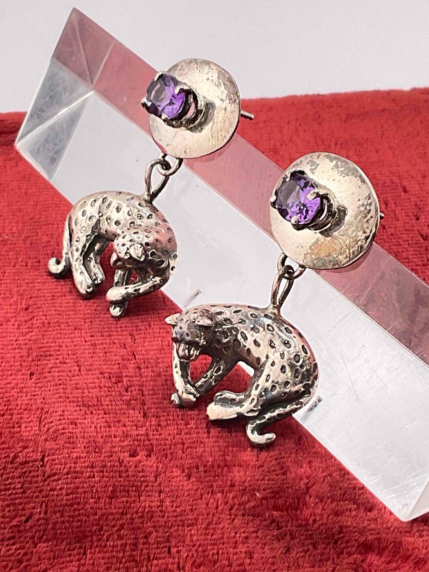 Vintage Carol Felley Sterling Silver Drop Earrings w/ Leopard Design & Amethyst Toned Setting. - 2