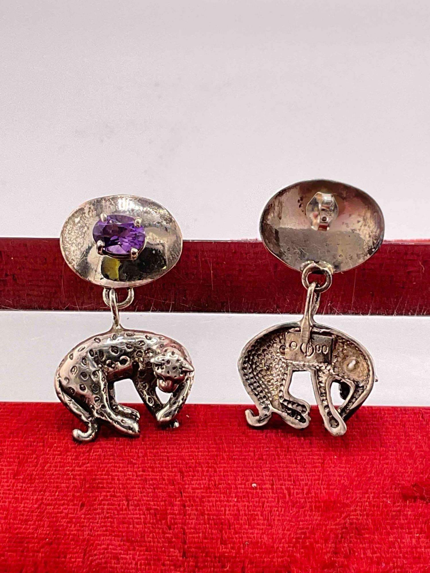 Vintage Carol Felley Sterling Silver Drop Earrings w/ Leopard Design & Amethyst Toned Setting. - 3