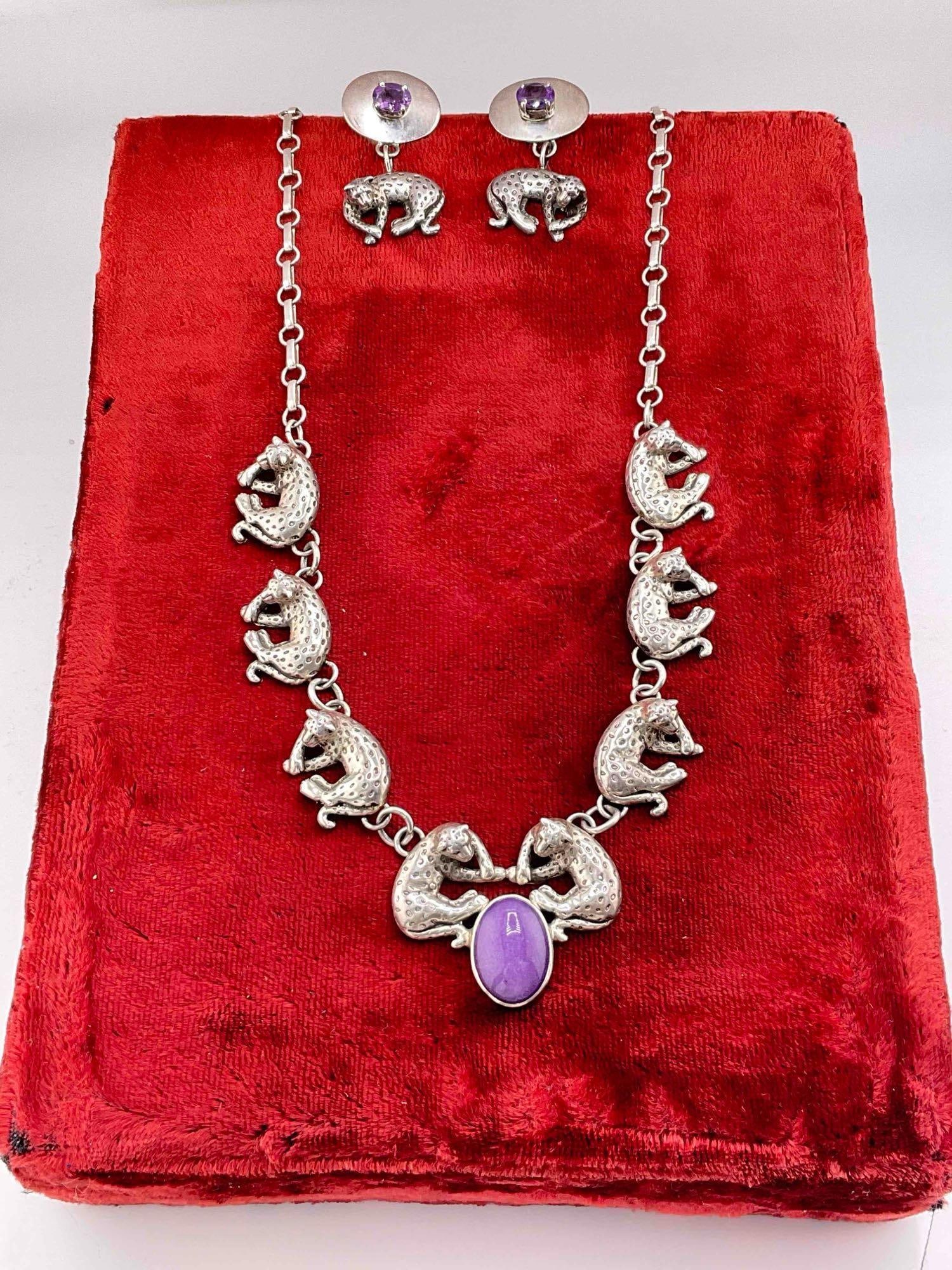 Vintage Carol Felley Sterling Silver Necklace & Earrings w/ Leopards & Purple Toned Settings.: Vintage Carol Felley Sterling Silver Necklace & Earrings w/ Leopards & Purple Toned Settings. Stamped 90 on reverse. Necklace measures 19" end to end. Total weight is 68 grams. Dm-414