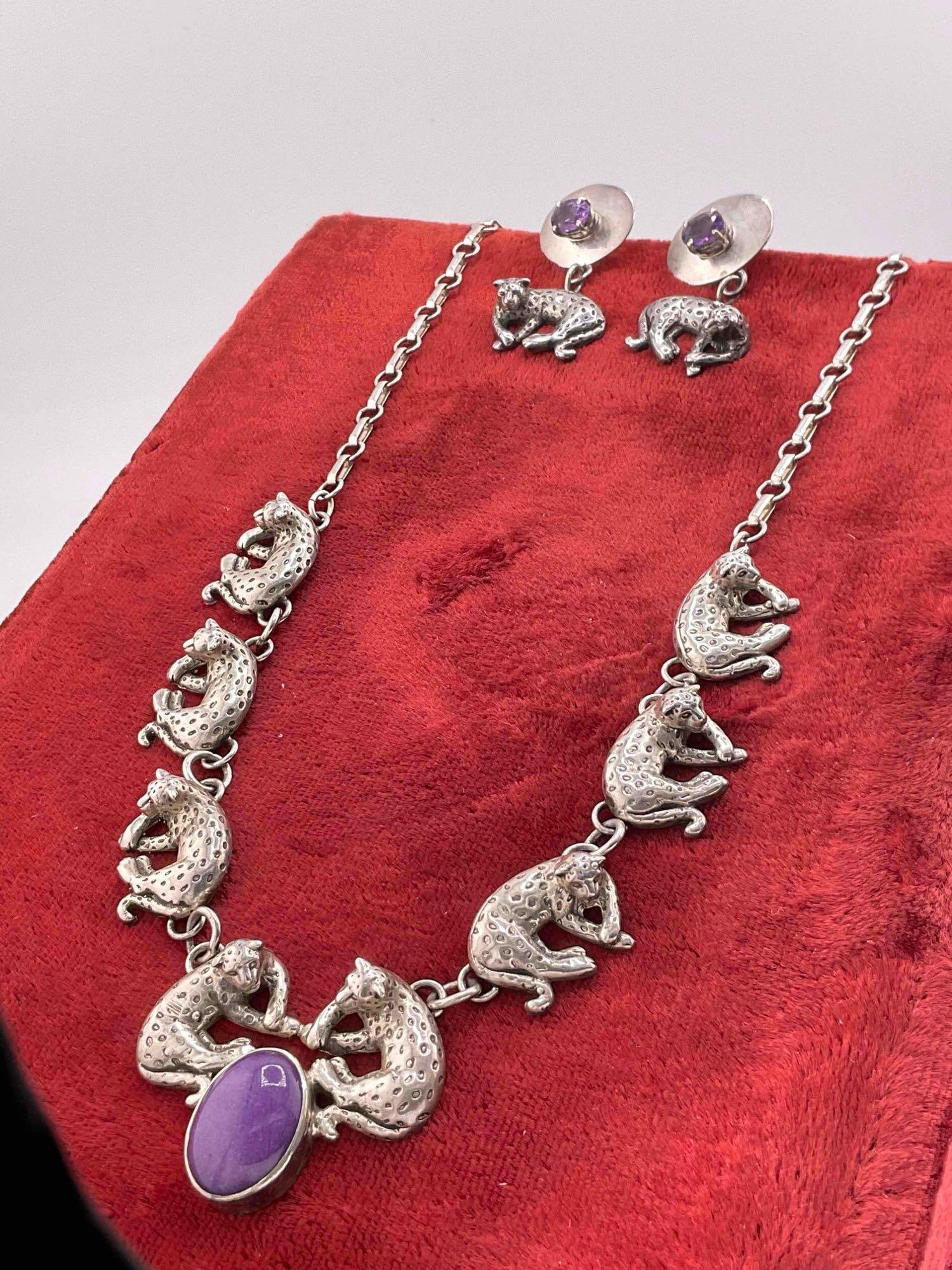 Vintage Carol Felley Sterling Silver Necklace & Earrings w/ Leopards & Purple Toned Settings. - 2