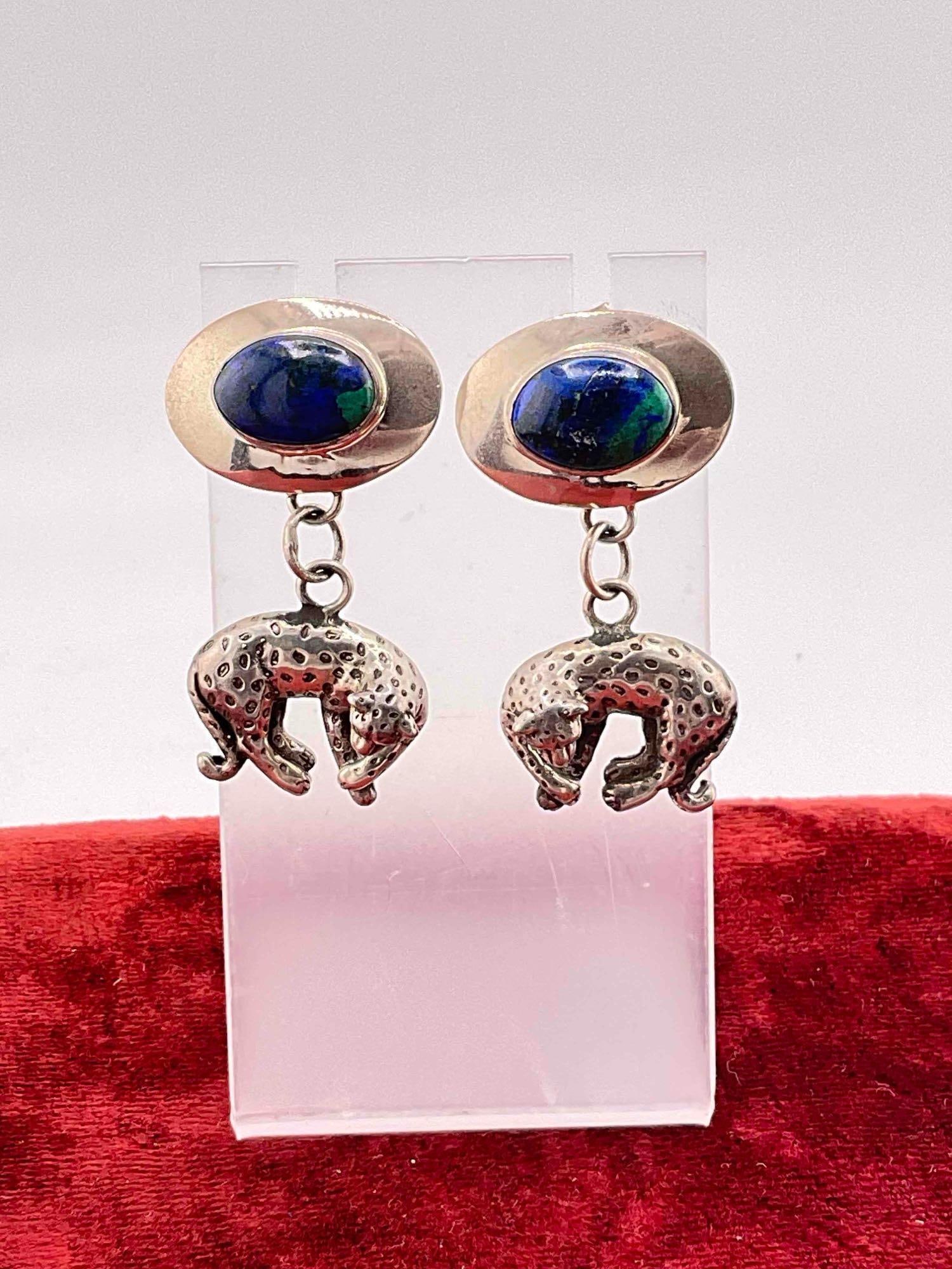 Vintage Carol Felley Sterling Silver Drop Earrings w/ Leopard Design & Azurite Toned Setting. (1 of 3)