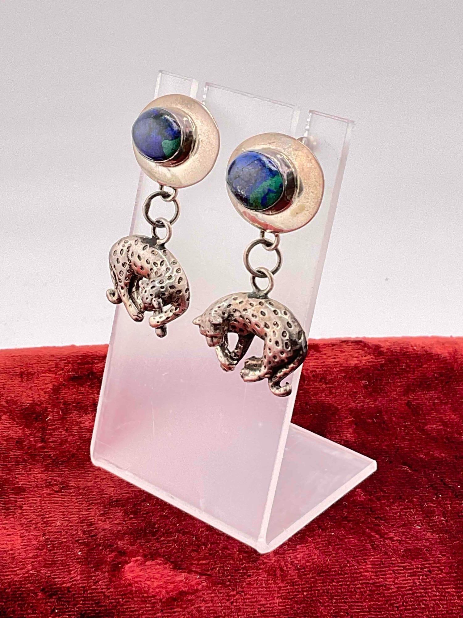 Vintage Carol Felley Sterling Silver Drop Earrings w/ Leopard Design & Azurite Toned Setting. - 2