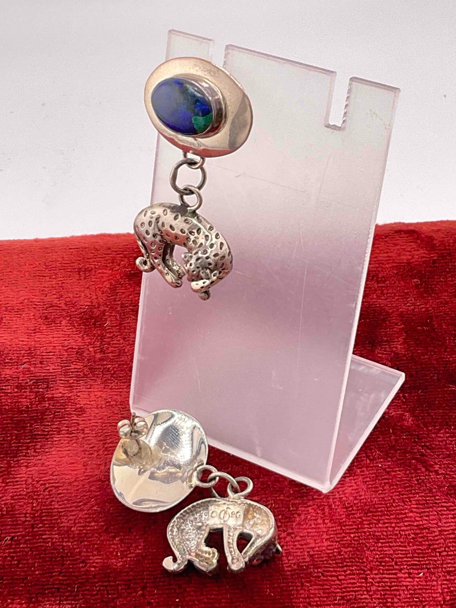 Vintage Carol Felley Sterling Silver Drop Earrings w/ Leopard Design & Azurite Toned Setting. - 3