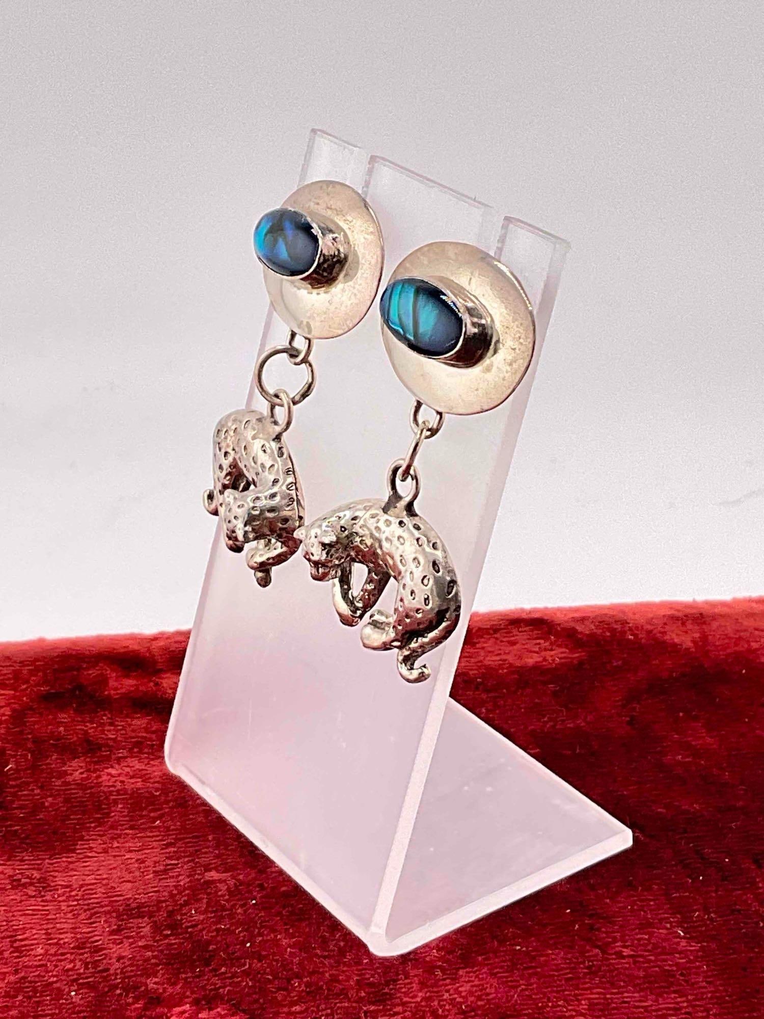 Vintage Carol Felley Sterling Silver Drop Earrings w/ Leopard Design & Abalone Toned Setting. - 2