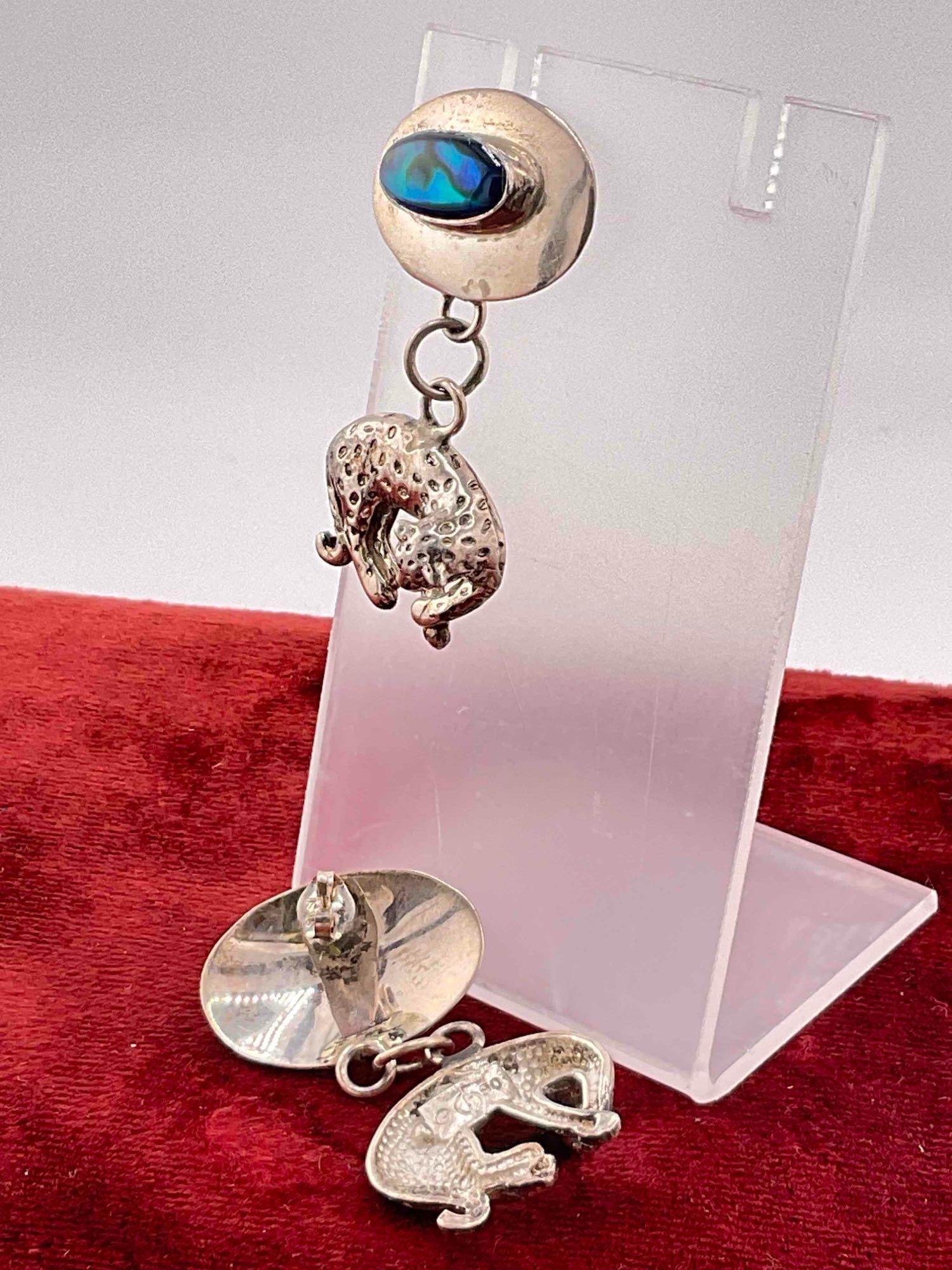 Vintage Carol Felley Sterling Silver Drop Earrings w/ Leopard Design & Abalone Toned Setting. - 3